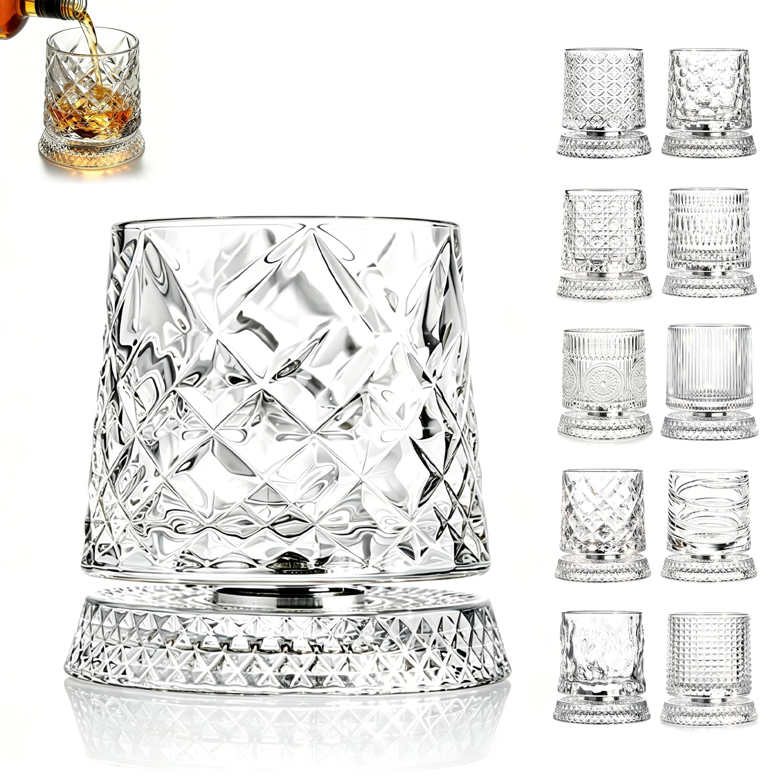 Rotating Whiskey Glass, 360°Spinning Crystal Bourbon Tumbler for Stress Relief, Lead-Free Old Fashioned Glass with Heavy Base, 100% Hand-Inspected Scotch Glass, Unique Gift for Men Dad Husband.