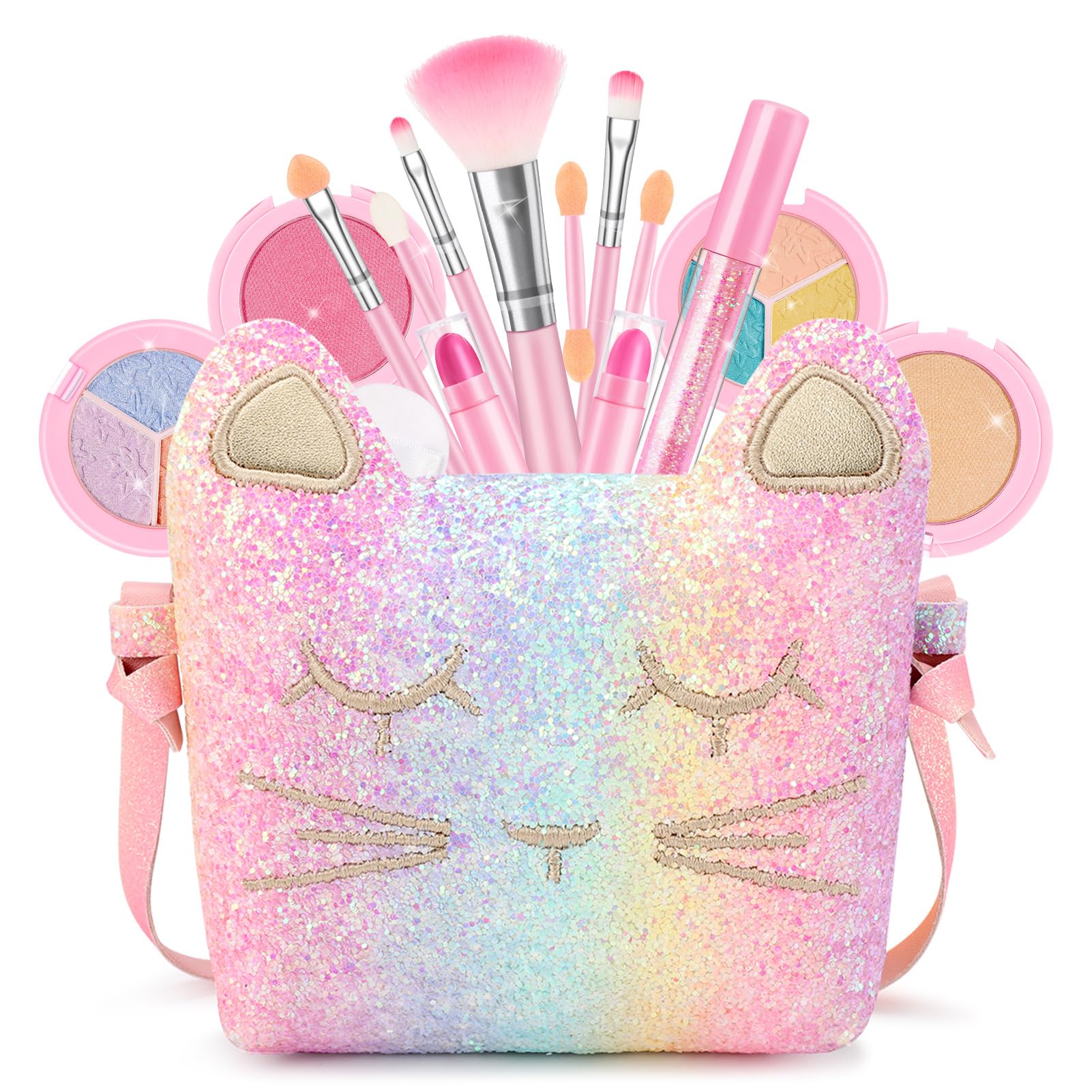 Kids Makeup Kit for Girls with Purse - 16 Pcs Real Washable Non Toxic Toddler Make Up Toy - Play Vanity Set Princess Toys - Little Girl Birthday Gift for 3 4 5 6 7 8 9 10 Years Old Kid - Rainbow