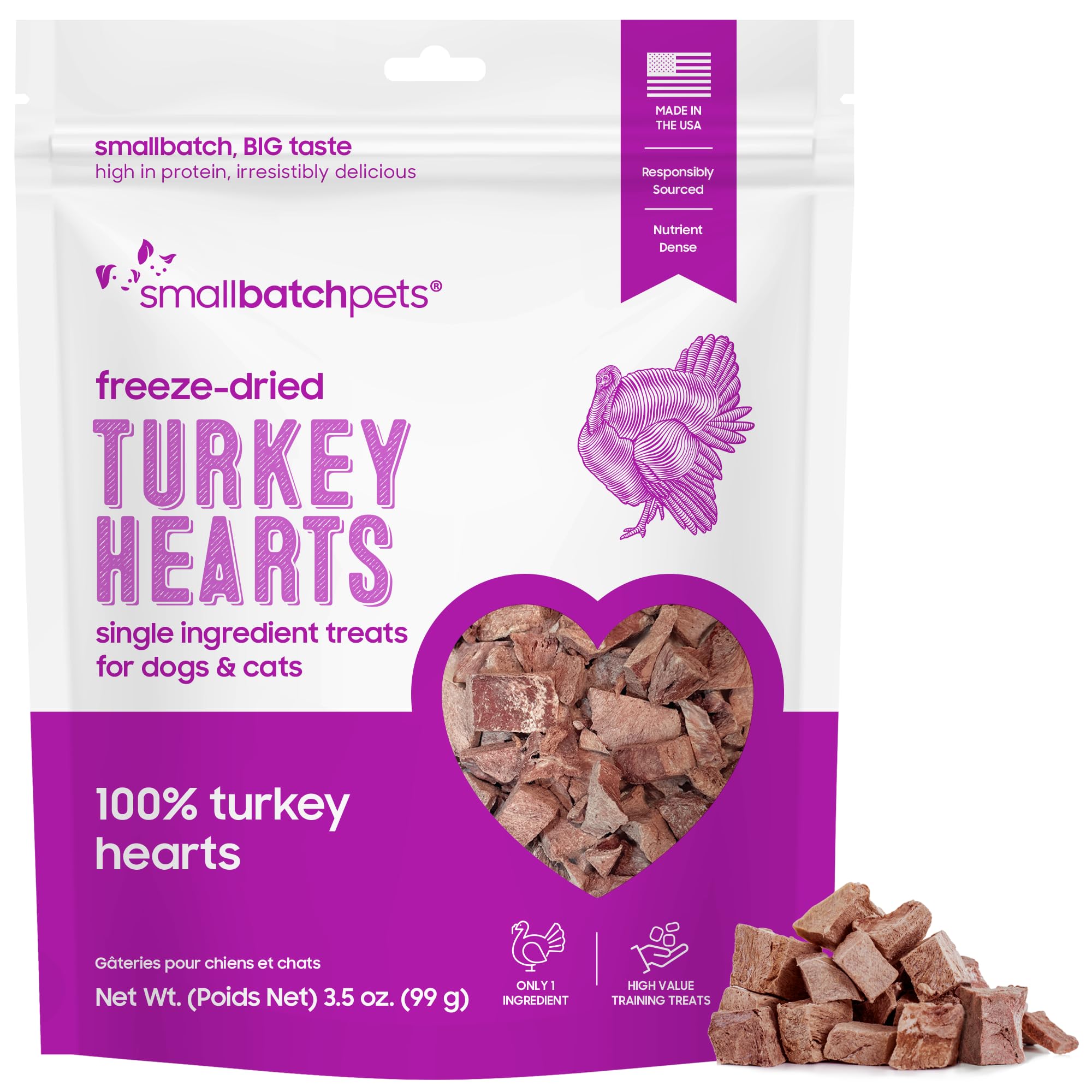 smallbatch Pets Premium Freeze-Dried Turkey Heart Treats for Dogs and Cats, 3.5 oz, Made and Sourced in The USA, Single Ingredient, Humanely Raised Meat, No Preservatives or Anything Artificial Ever