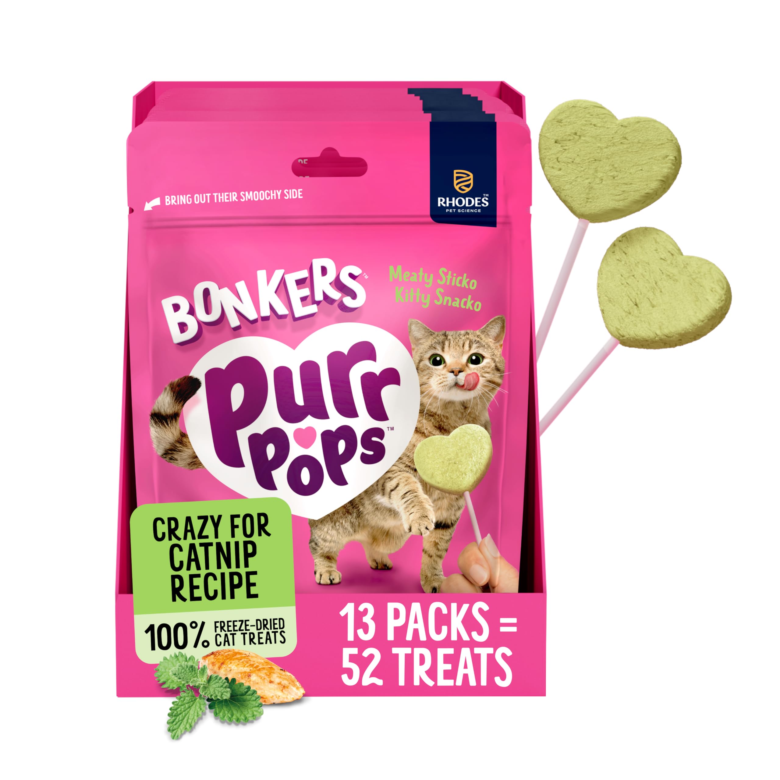 Bonkers Purrpops Freeze-Dried Catnip Flavored Lollipop Treats for Cats, 4 Pack (Pack of 13)