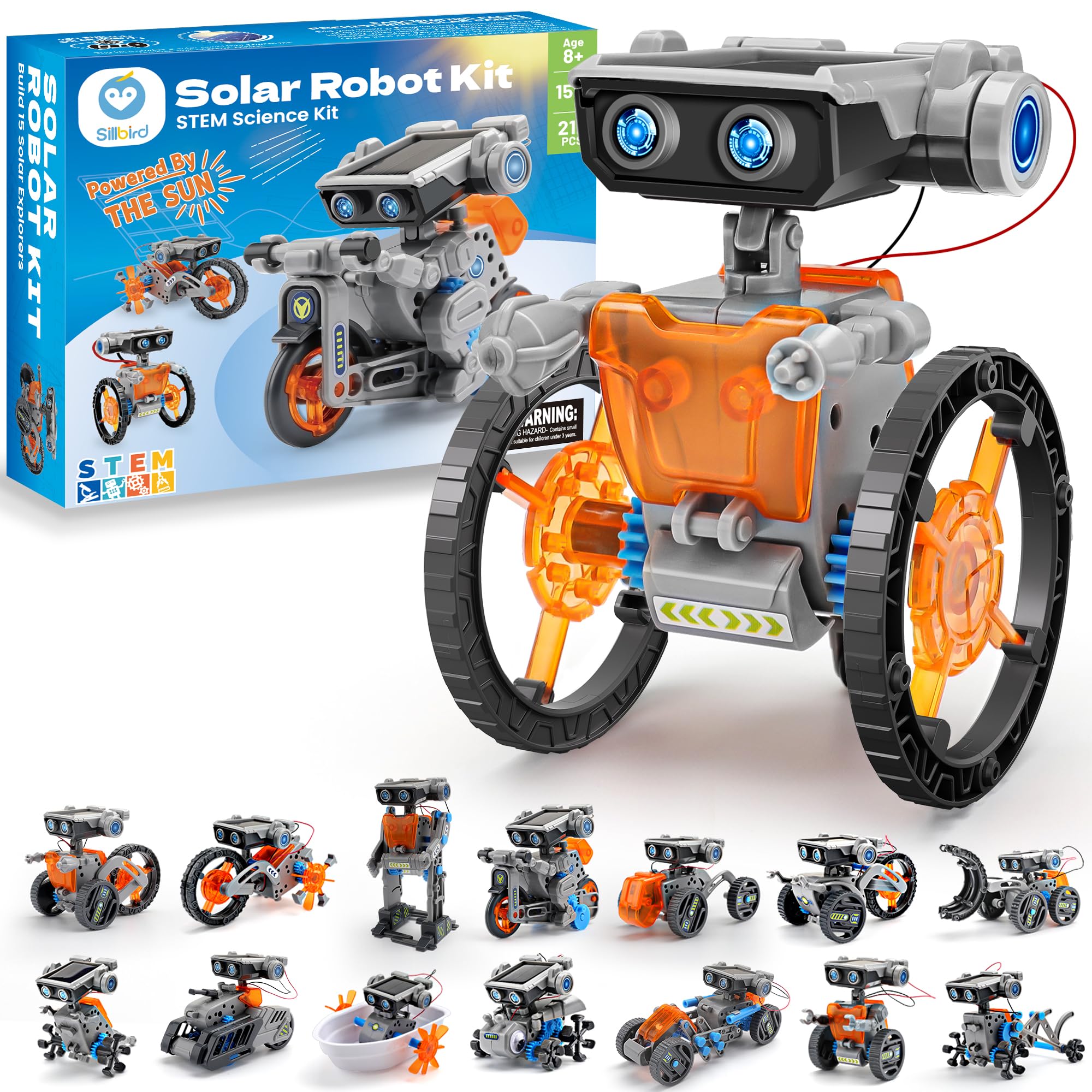 Sillbird Solar Robot Building Kit STEM Gift for Boys Aged 8-13, 15-in-1 DIY Science Educational Robotic Toy for Kids Teens Birthday, Powered by the Sun or Battery with 212 Pieces