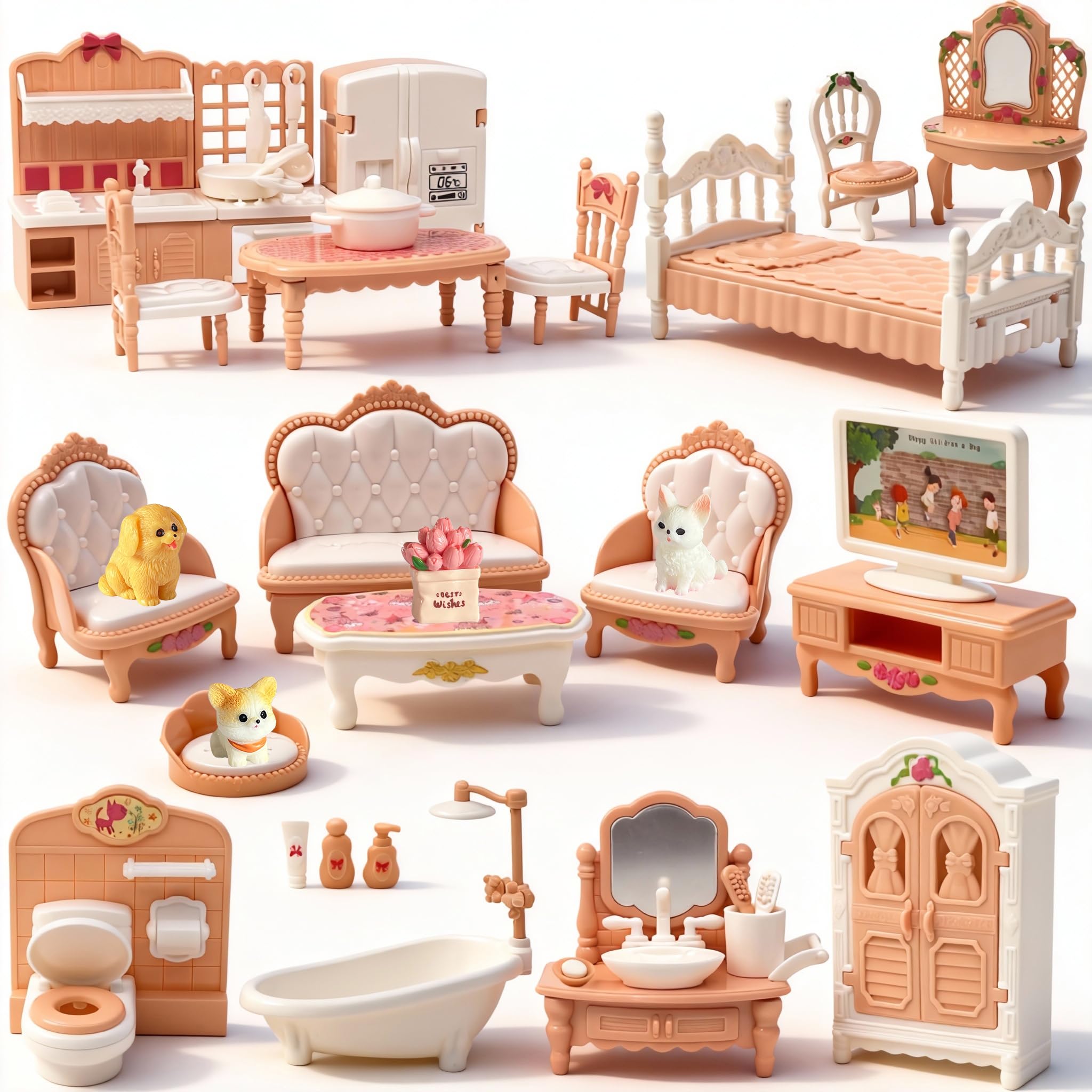 Dollhouse Furniture Set, 38 Pcs Miniature Doll House Accessories with Dogs and Cat ?Kitchen Bedroom Living Room Bathroom Furniture, Toy for Kids Ages 3+ Boys Girls, Great Gift Idea