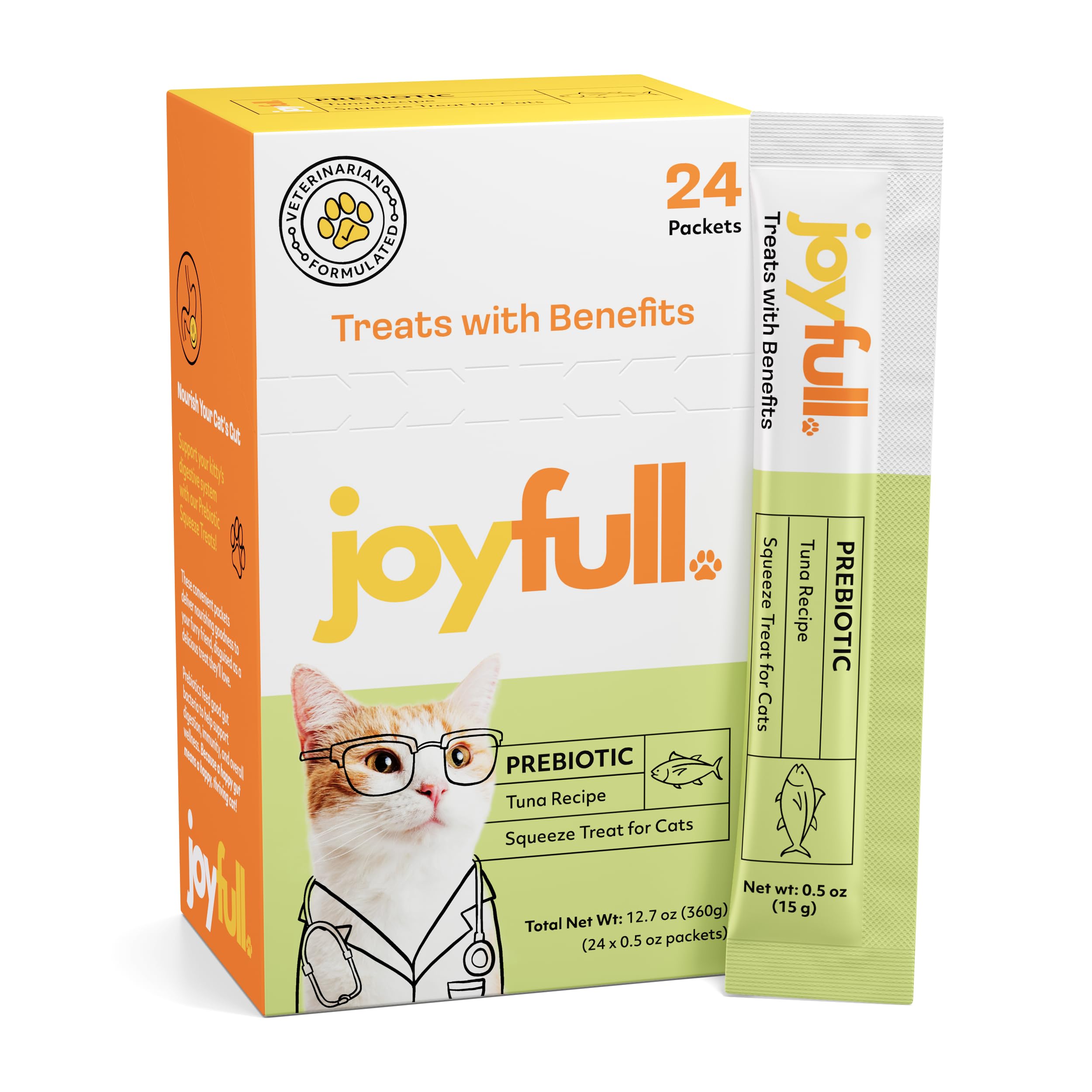 Joyfull Lickable Cat Treats with Prebiotics – Wild-Caught Tuna Squeeze Treats – Supports Digestive Health – 24 Tubes (0.5 oz Each)