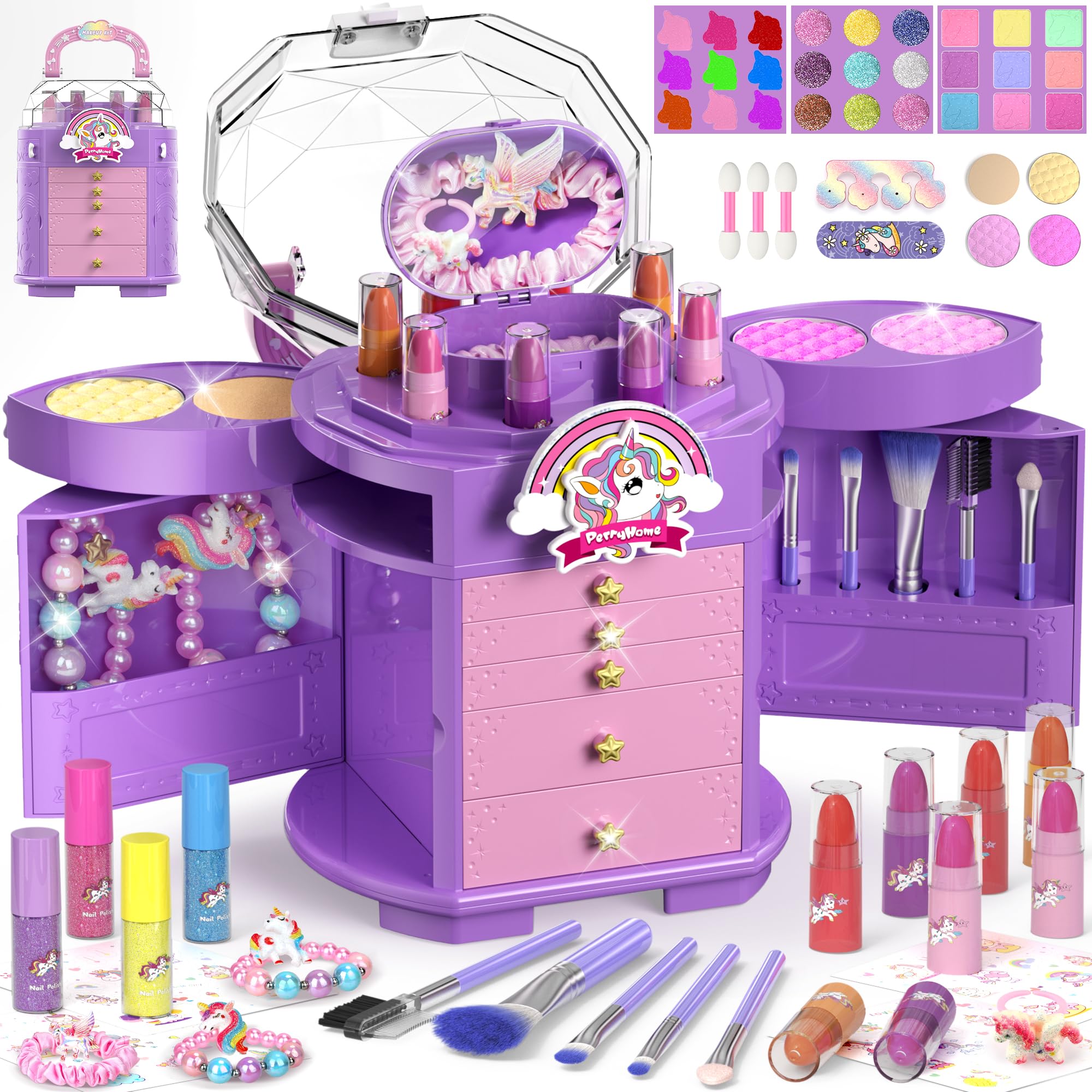 PERRYHOME Kids Makeup Set for Girls 63 Pcs Washable Non-Toxic Real Cosmetic Toddler Makeup Kit, Unicorn Princess Makeup Birthday Gift, 2026 New CPF Sustainable Materials Girl Gifts for 3-12