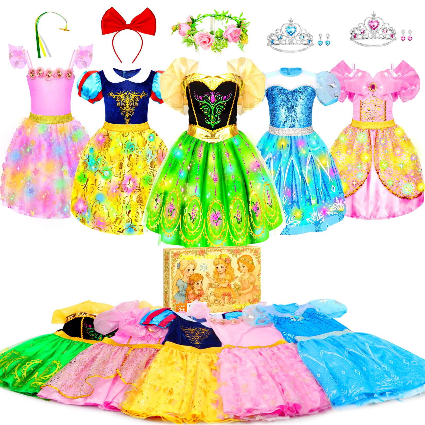 Princess Costumes for Girls, Princess Dress up Clothes for Girl 4-6, LED Light Up Princess Toys for Toddler Girls Little Girls Ages 3-8, Christmas Halloween Birthday Gift