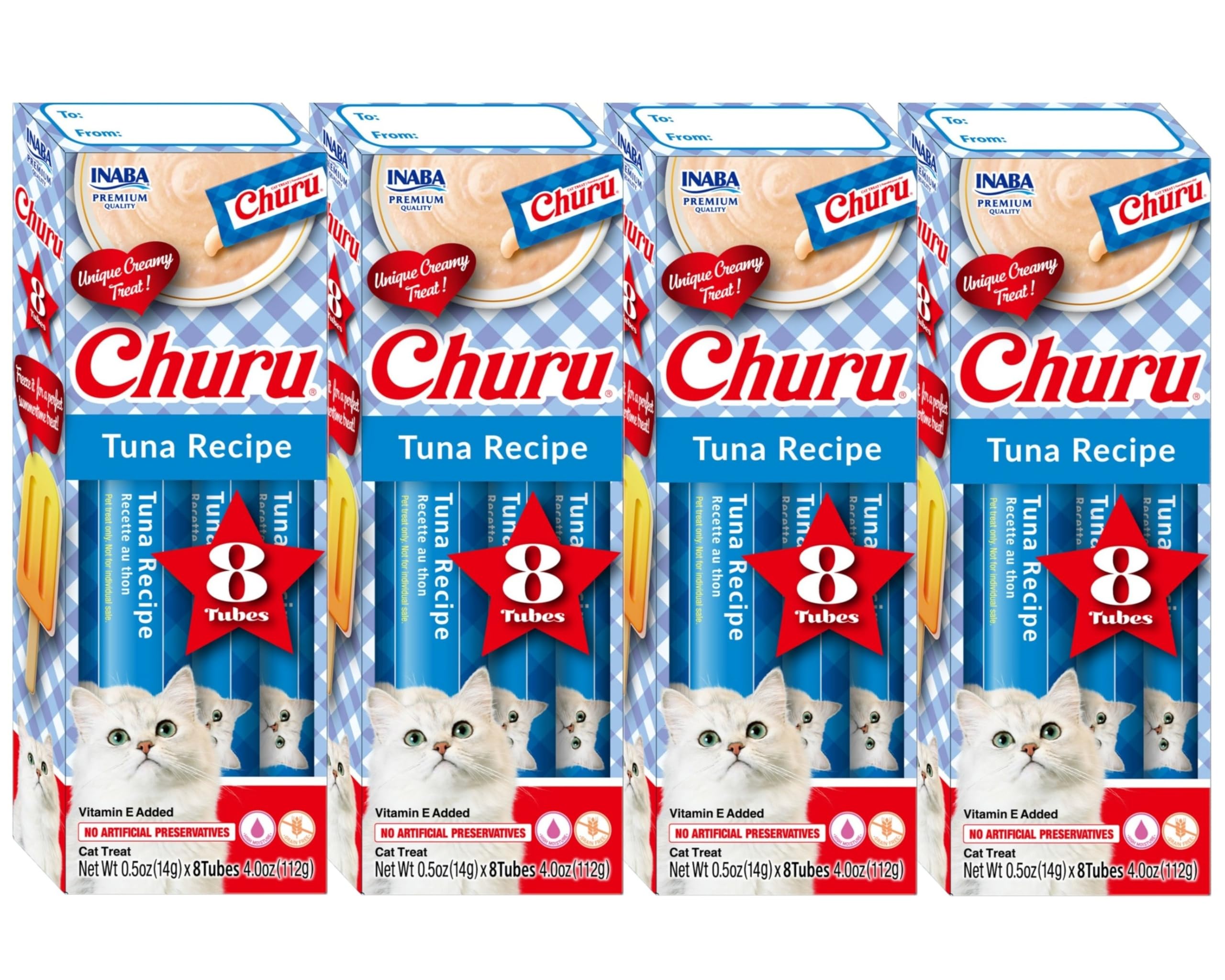 INABA Churu Lickable Purée Natural Cat Treats Gift Box - Tuna Recipe, 32 Tubes (4 Gift Boxes of 8 Tubes Each)