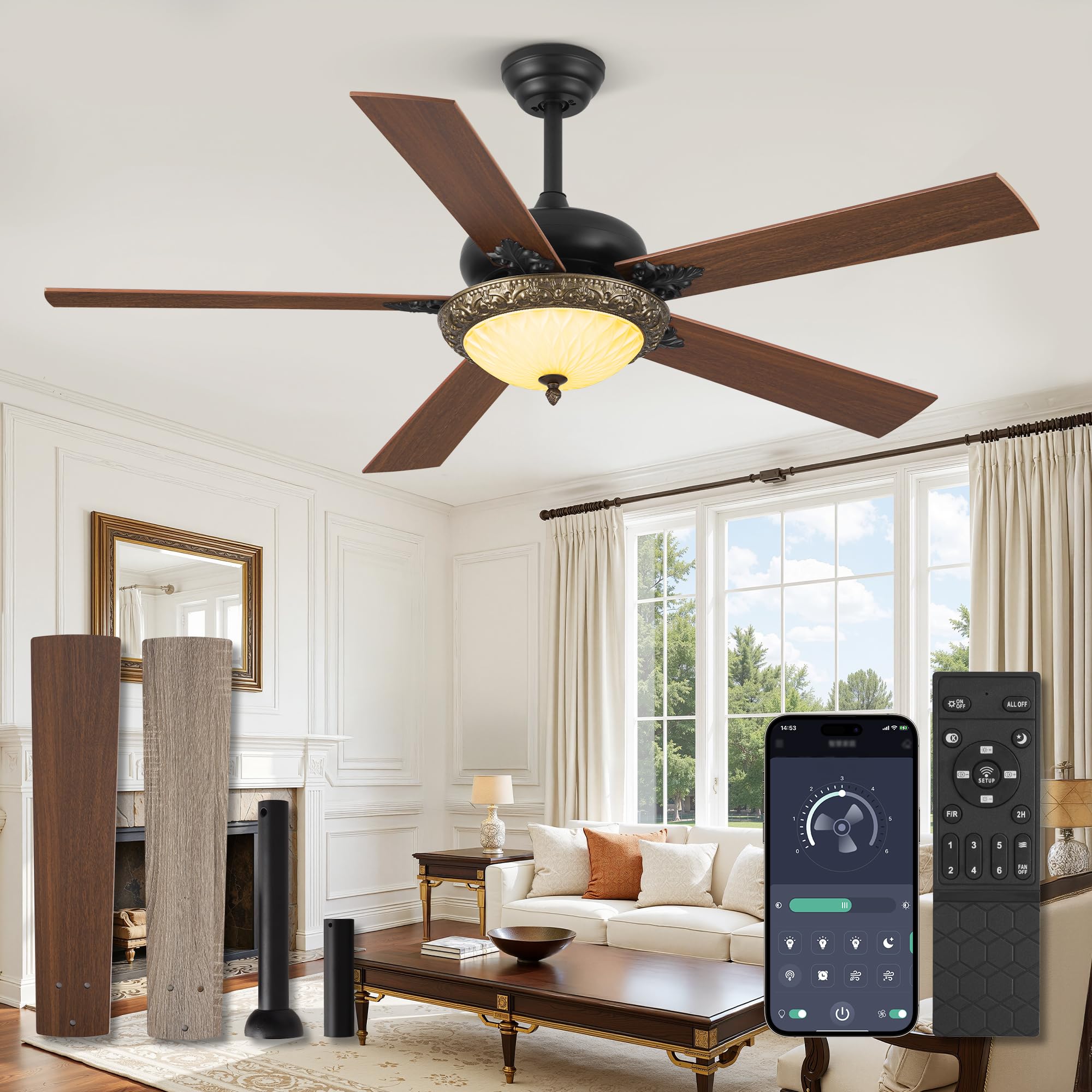 Fanbulous 56" Vintage Ceiling Fan with Light, Antique Ceiling Fan with Dimmable LED Light, Remote/APP Control,Dual Finish Blades,6-Speed Traditional ceiling fan for Bedroom, Living Room,Indoor&Outdoor