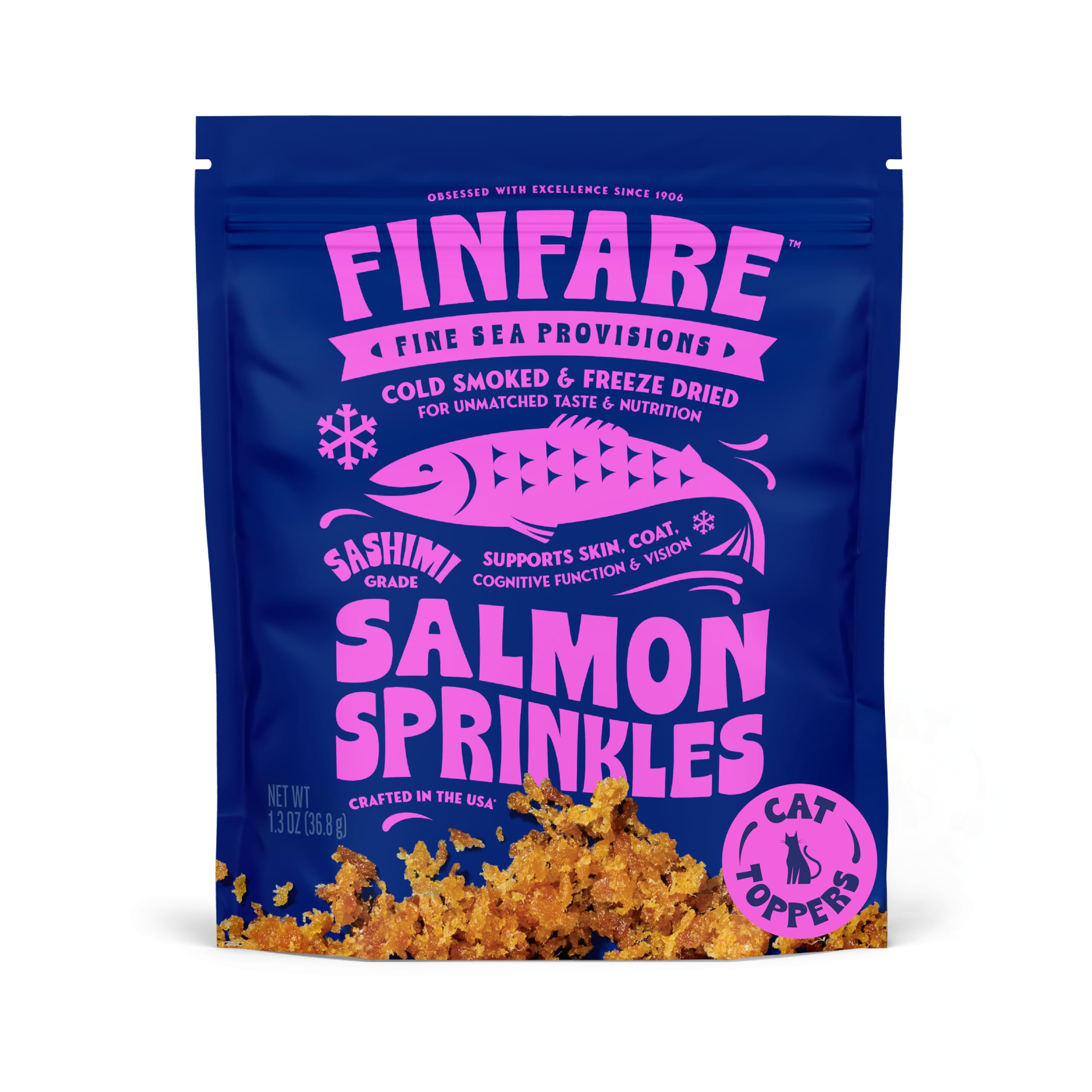 Finfare Freeze Dried Cat Food Toppers, Salmon Sprinkles, Grain Free Meal Toppers for Cats to Support Taste & Nutrition - High Protein & Omega-3s, Crafted in USA, 1.3oz