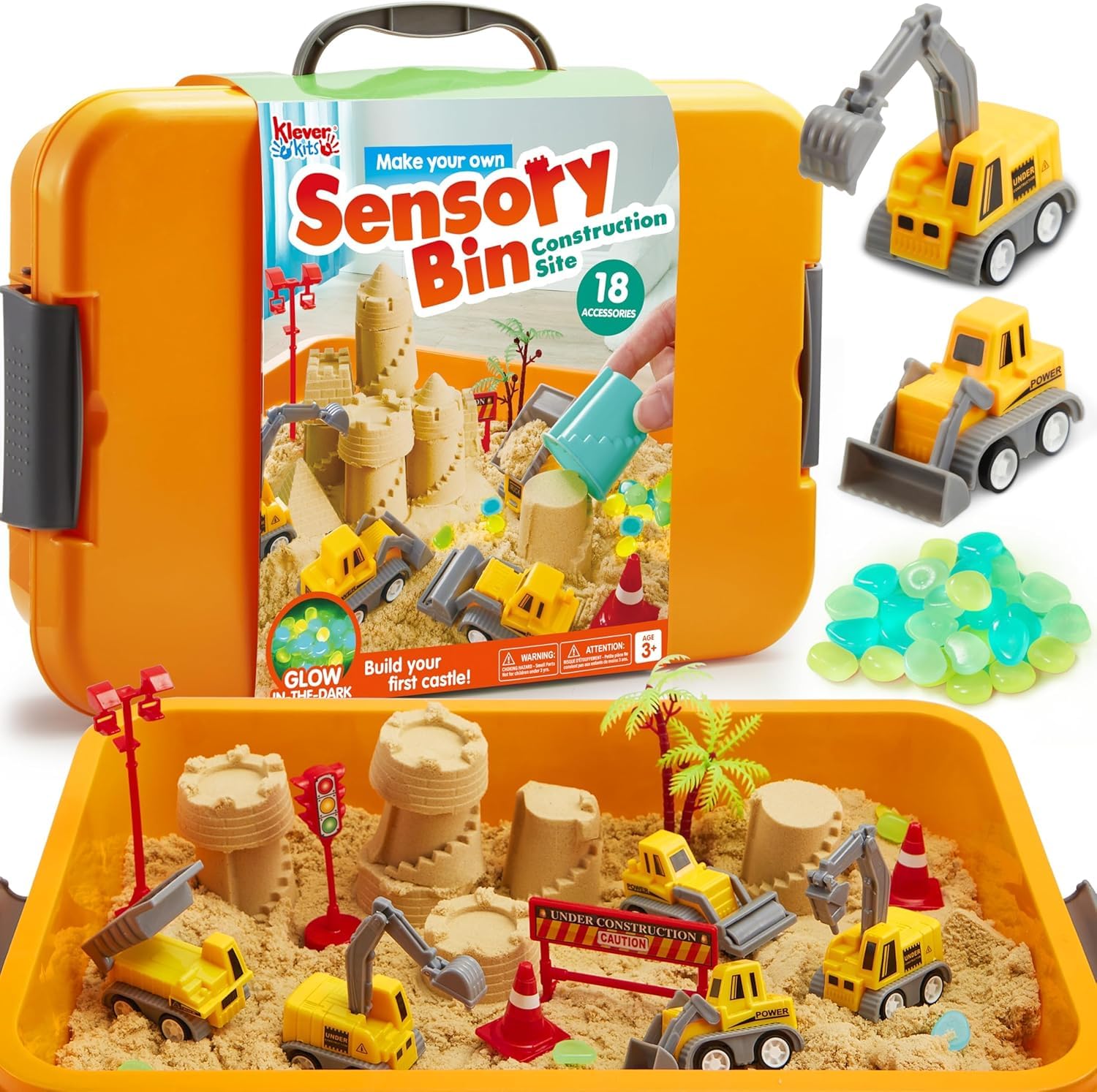 JOVA Klever Kits Construction Sensory Bin for Toddlers with Glow in The Dark Stones, Sandbox with Lid Castle Building kit, Preschool Learning Activities Gifts for Boys Girls Age 3+
