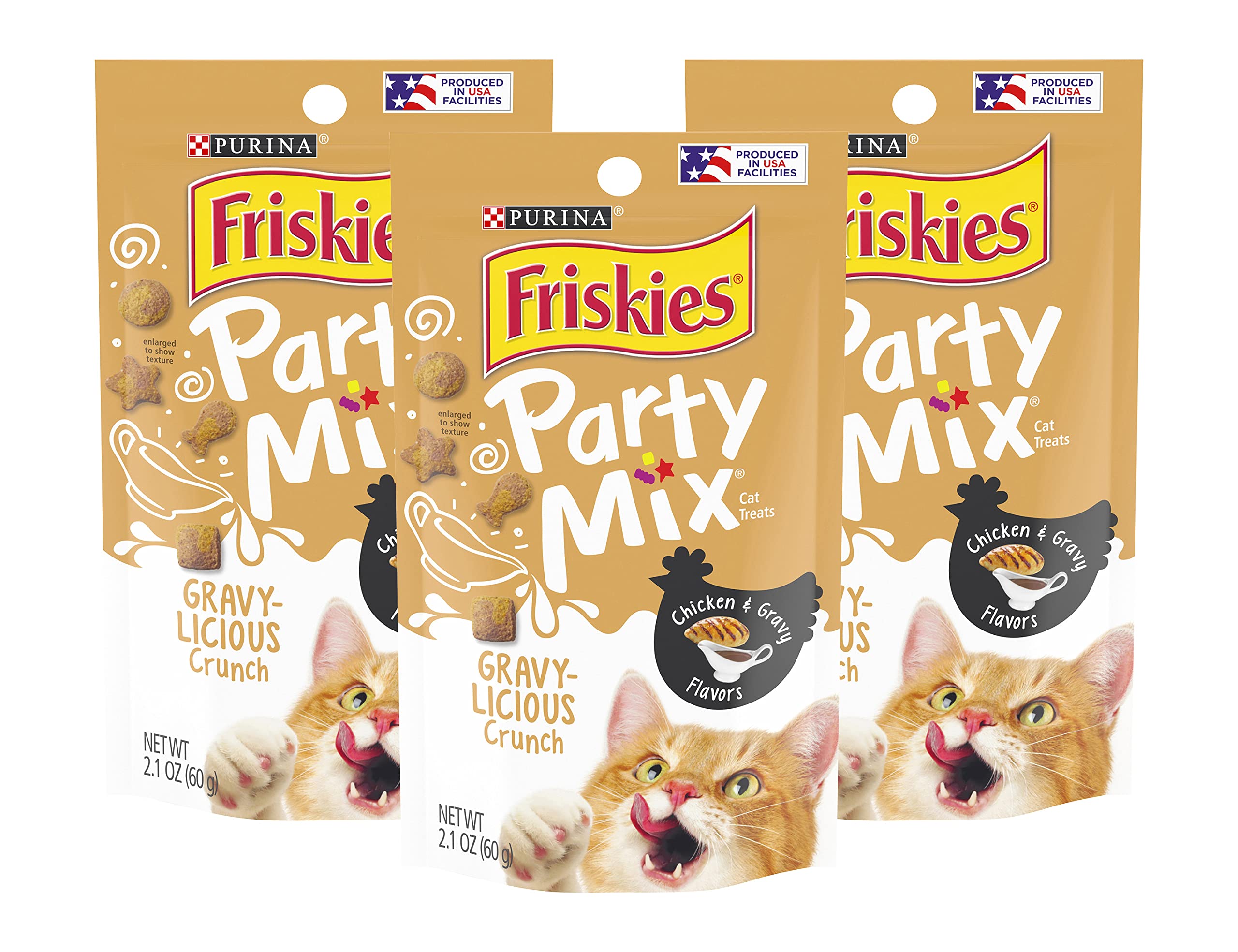 Purina Friskies Party Mix Cat Treats, Gravy-Licious Crunch with Chicken & Gravy Flavors, Crunchy Treats for Cats, 2.1 Ounce Resealable Pouch (Pack of 3)