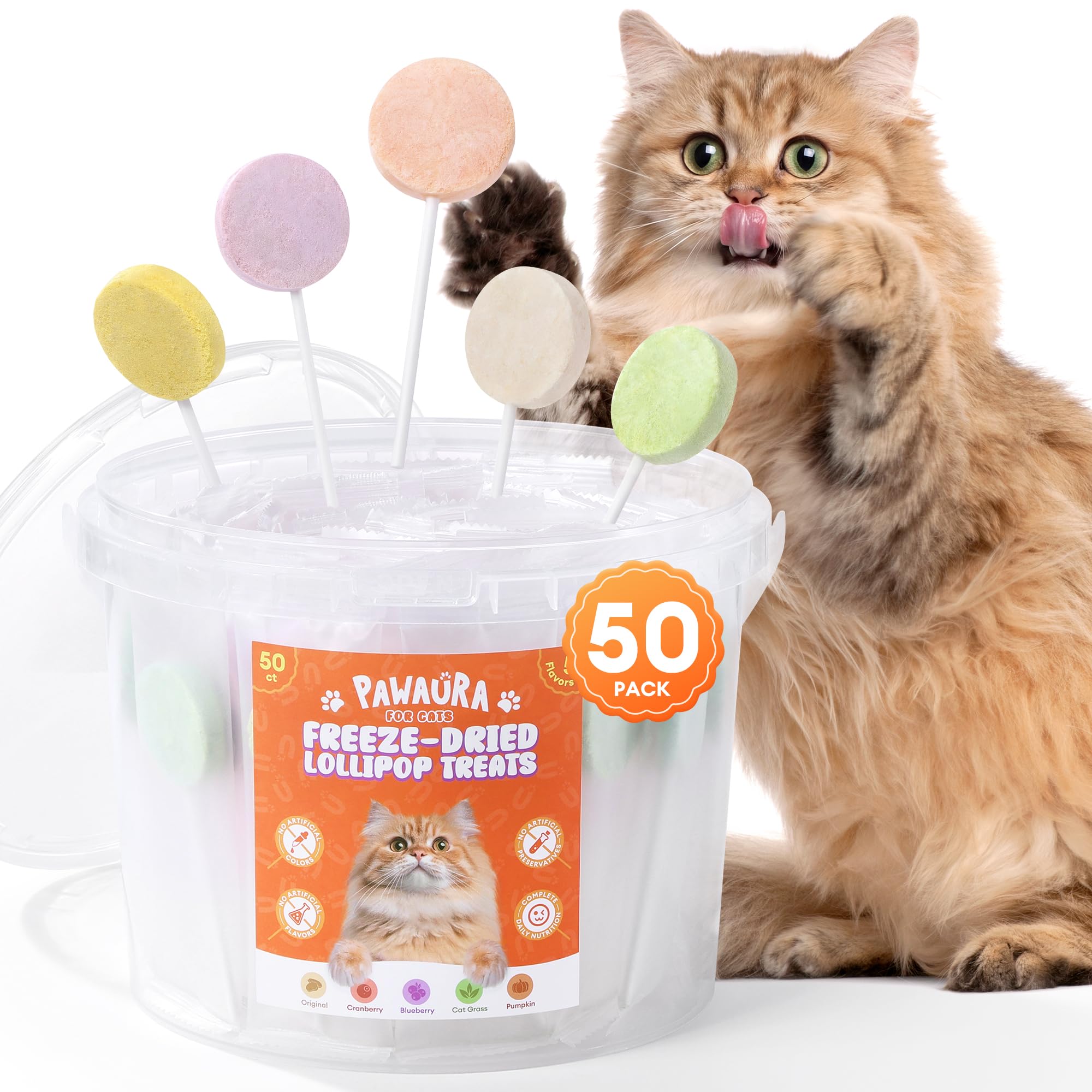 50 Pack Freeze Dried Cat Lollipop Treats, 5 Flavors, 70% High Protein Natural Cat Treats for Hairball Control & Urinary Health, Interactive Cat Toy,Cat Birthday Treats& Food Toppers