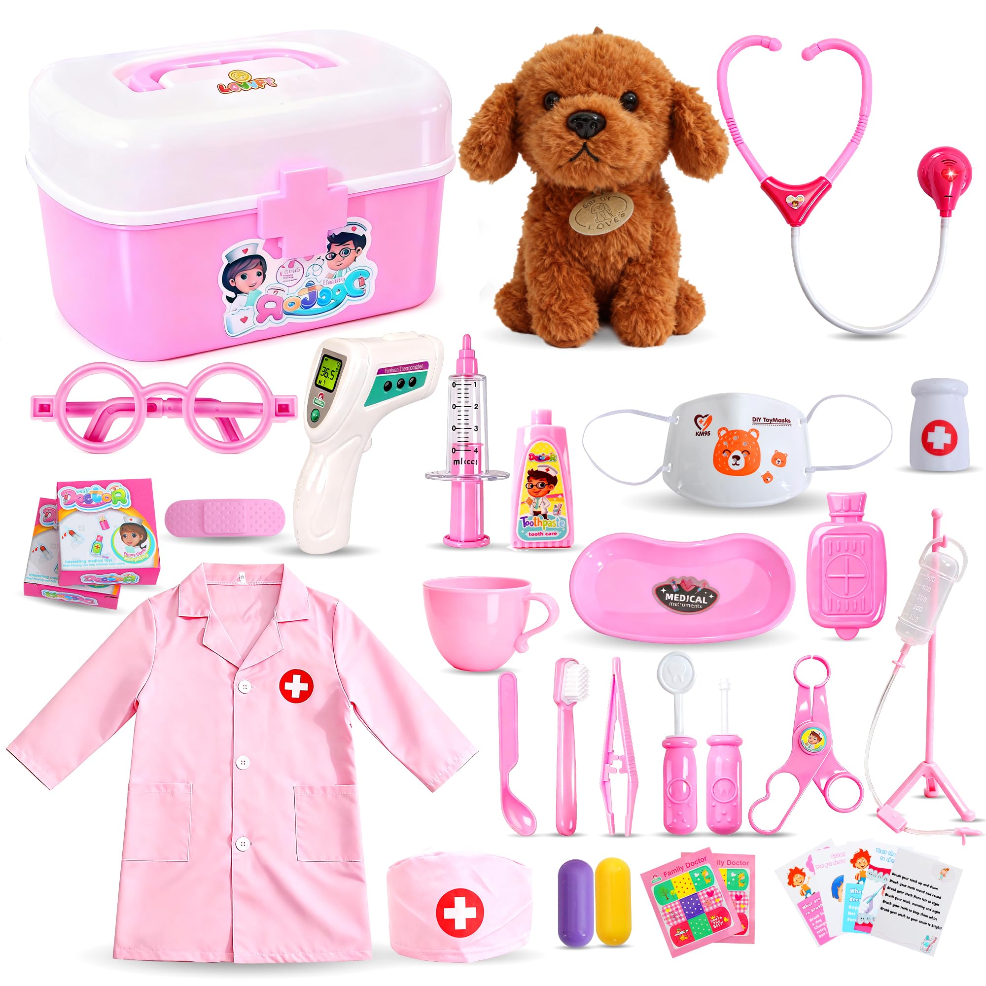 Girl Toys Doctor Kit for Toddlers 3-5 with Plush Dog, 39 PCS Kids Vet Play Set with Heartbeat Sound Stethoscope & Dress Up Toddler Doctor Costume & Hat, Pretend Play Pet Vet Toy for Girls Gifts