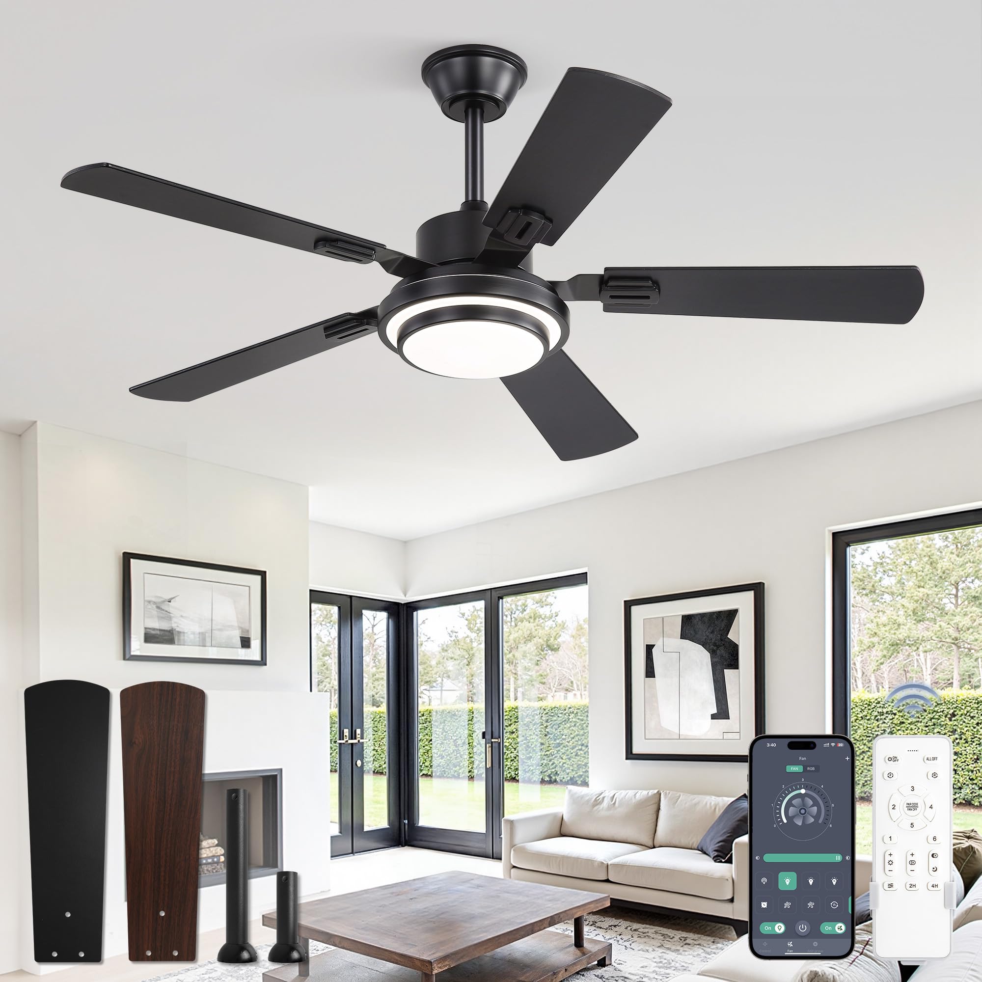 Fanbulous 48 Inch Ceiling Fans with Lights and Remote, Black Ceiling Fan with 8 Dual-Color Blades, Indoor/Outdoor Large Ceiling Fans, Reversible DC Motor, 6-Speed, 3CCT for Living Room Kitchen Patio