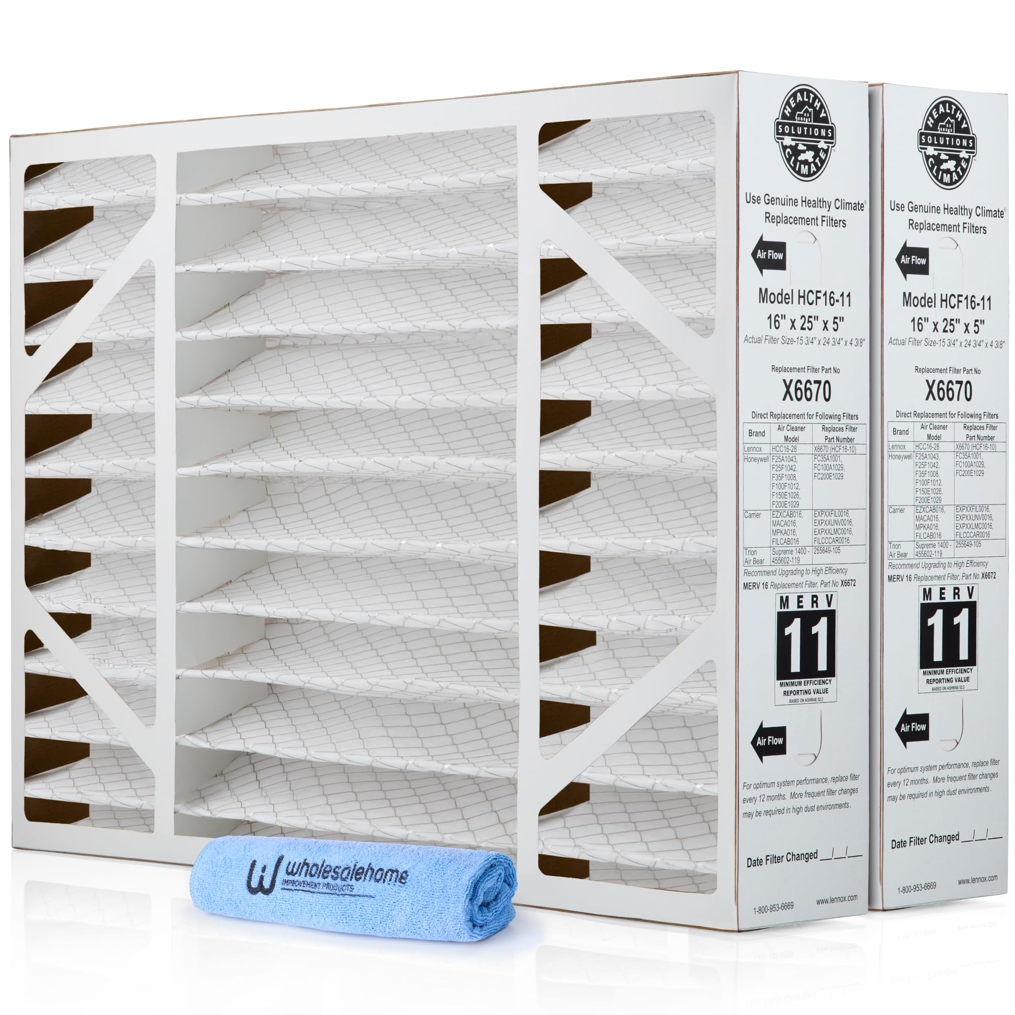 Lennox X6670 16x25x5 Air Filter MERV 11 HVAC AC Furnace Filters, Lennox Healthy Climate Filter for Home with Cleaning Cloth, 2-Pack (Actual Size: 15.75 x 24.75 x 4.38 Inches)
