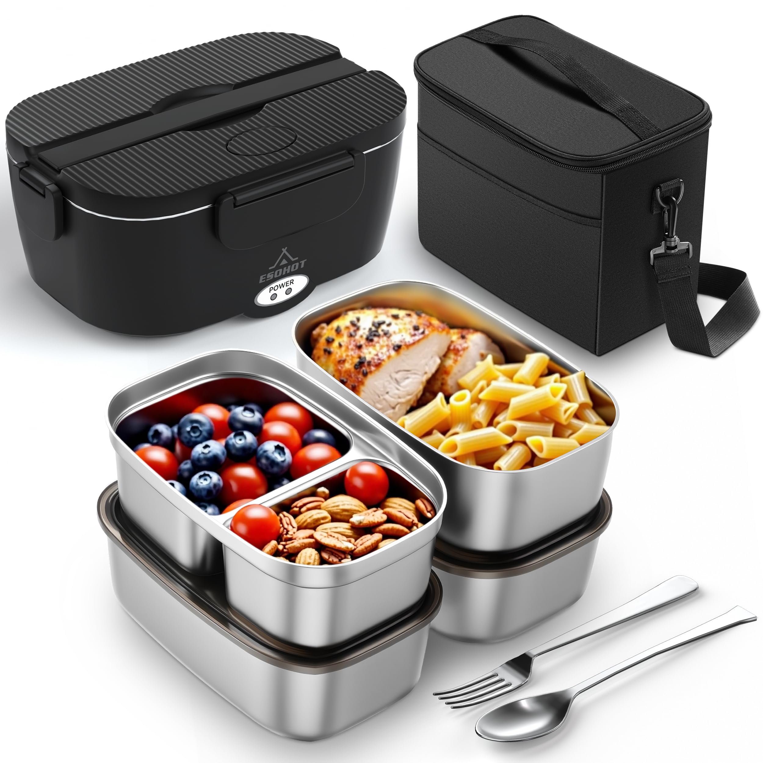 Heated Lunch Box,120W Electric Lunch Box for Adults with 1.5L 304 Stainless Steel Container, 12V/24V/110V Lonchera Eléctrica Portátil for Travel,Work,Car,Truck (Pure Black, 1.5L x 4)