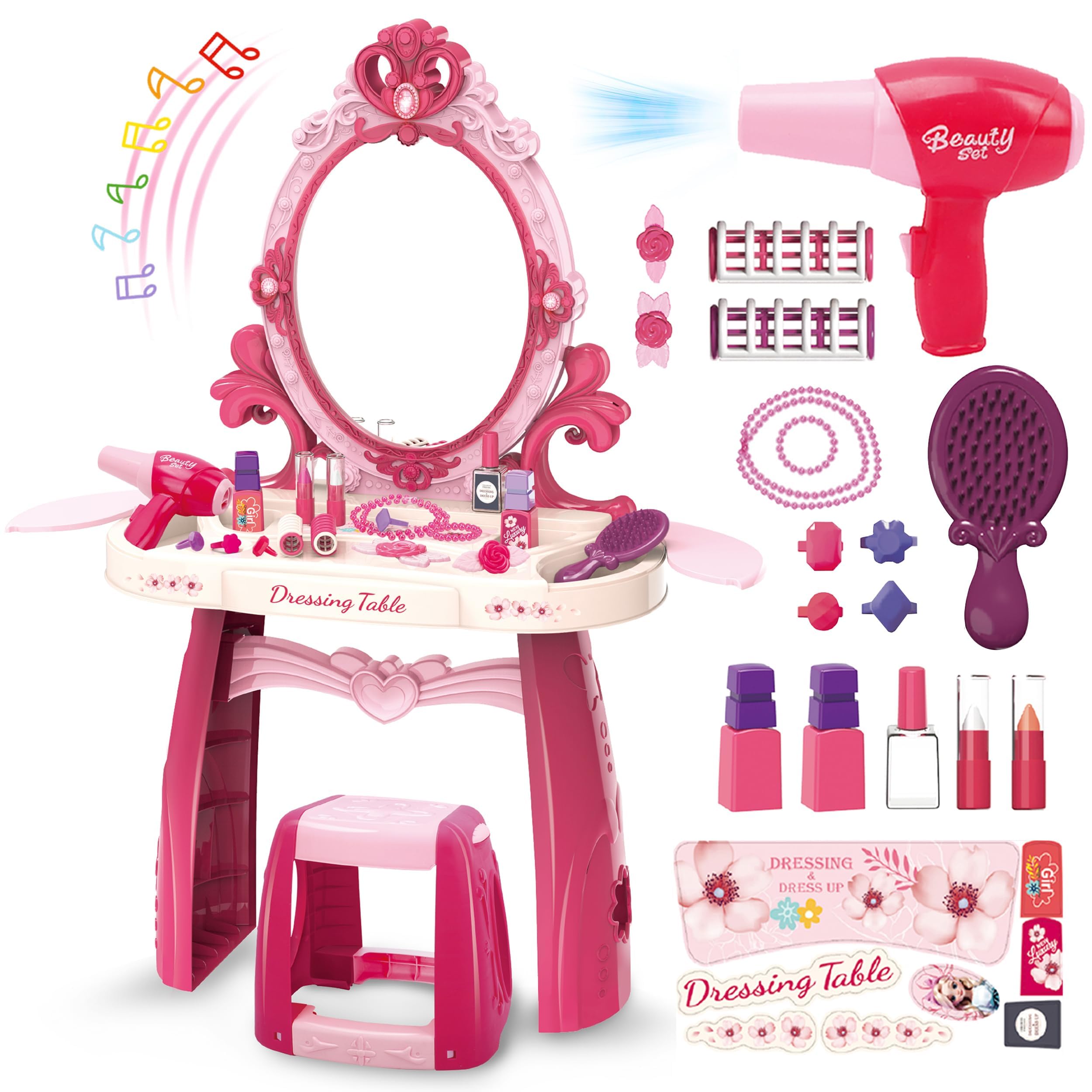 Toddler Vanity Makeup Table Toy with Mirror&Chair?Kids Vanity Set with Light&Music?Pretend Play Makeup Accessories with Hair Dryer Toy?Gift for Girls and Toddlers2 3 4 5 6Years Old