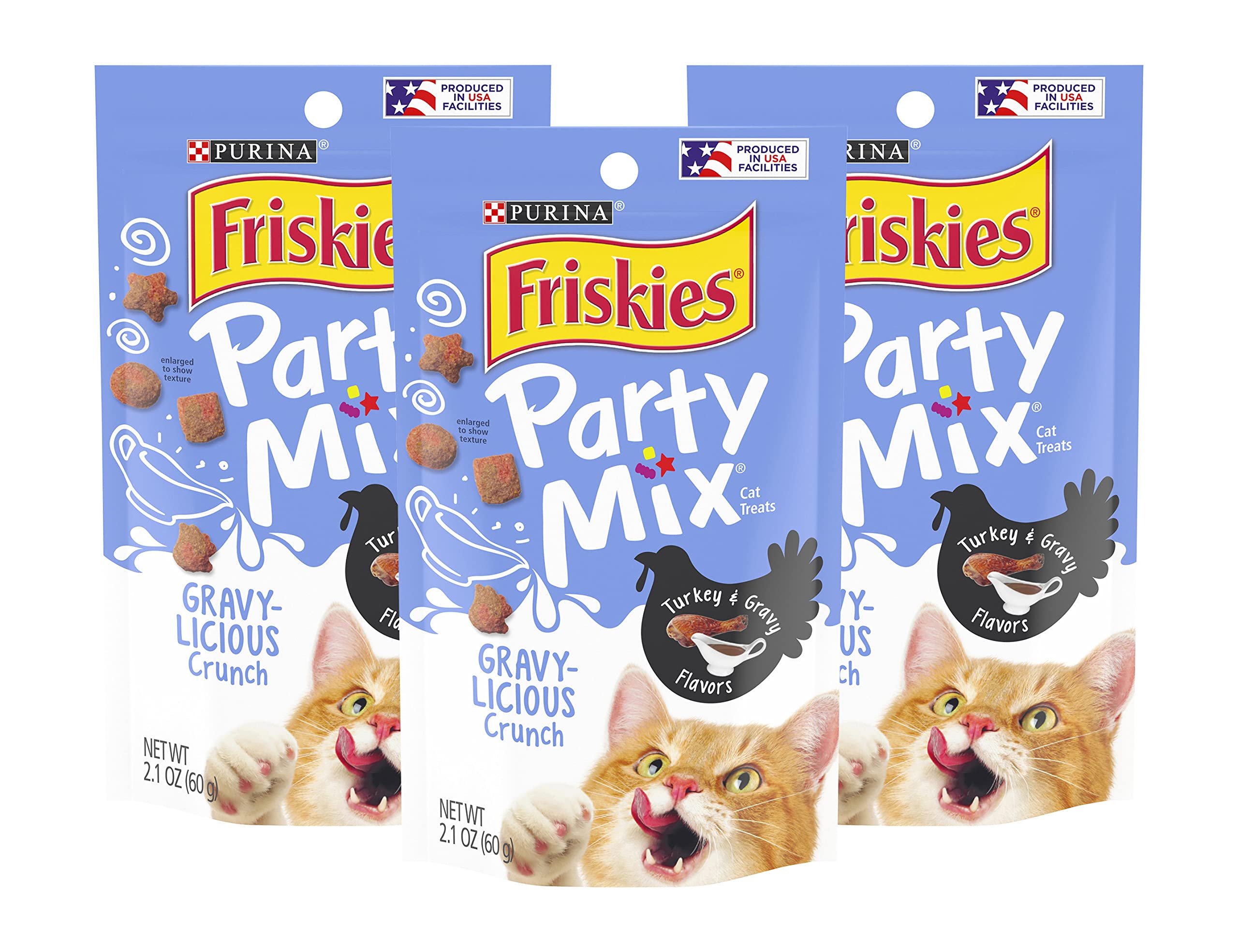 Purina Friskies Party Mix Cat Treats, Gravy-Licious Crunch with Turkey & Gravy Flavors, Crunchy Treats for Adult Cats, 2.1 Ounce Resealable Pouch (Pack of 3)