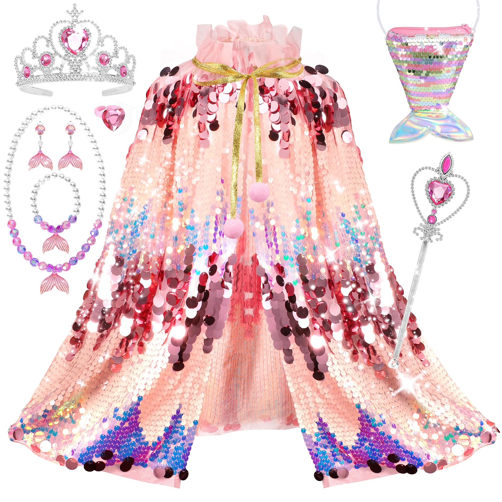 LIMIROLER Princess Dress Up Toys Mermaid Dress Up Cape Kit 9 Pcs Gift Set for Little Girls 3-8 Years Old