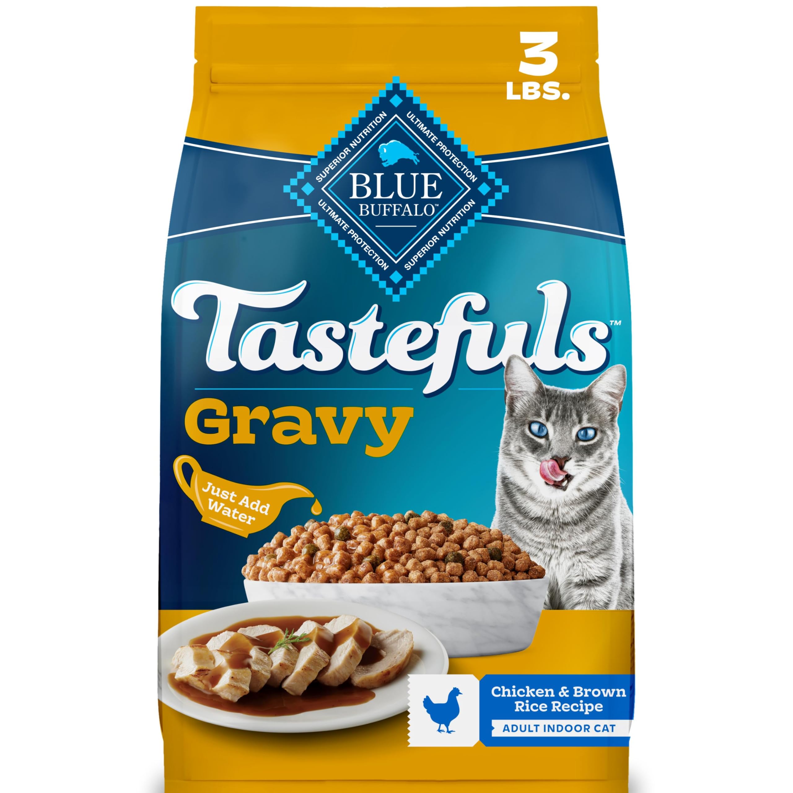Blue Buffalo Tastefuls Irresistible Gravy Experience Chicken & Brown Rice Recipe Dry Indoor Cat Food for Adult Cats, Deliciously Healthy Natural Cat Food, Supports Digestion & Coat Health, 3 lbs.