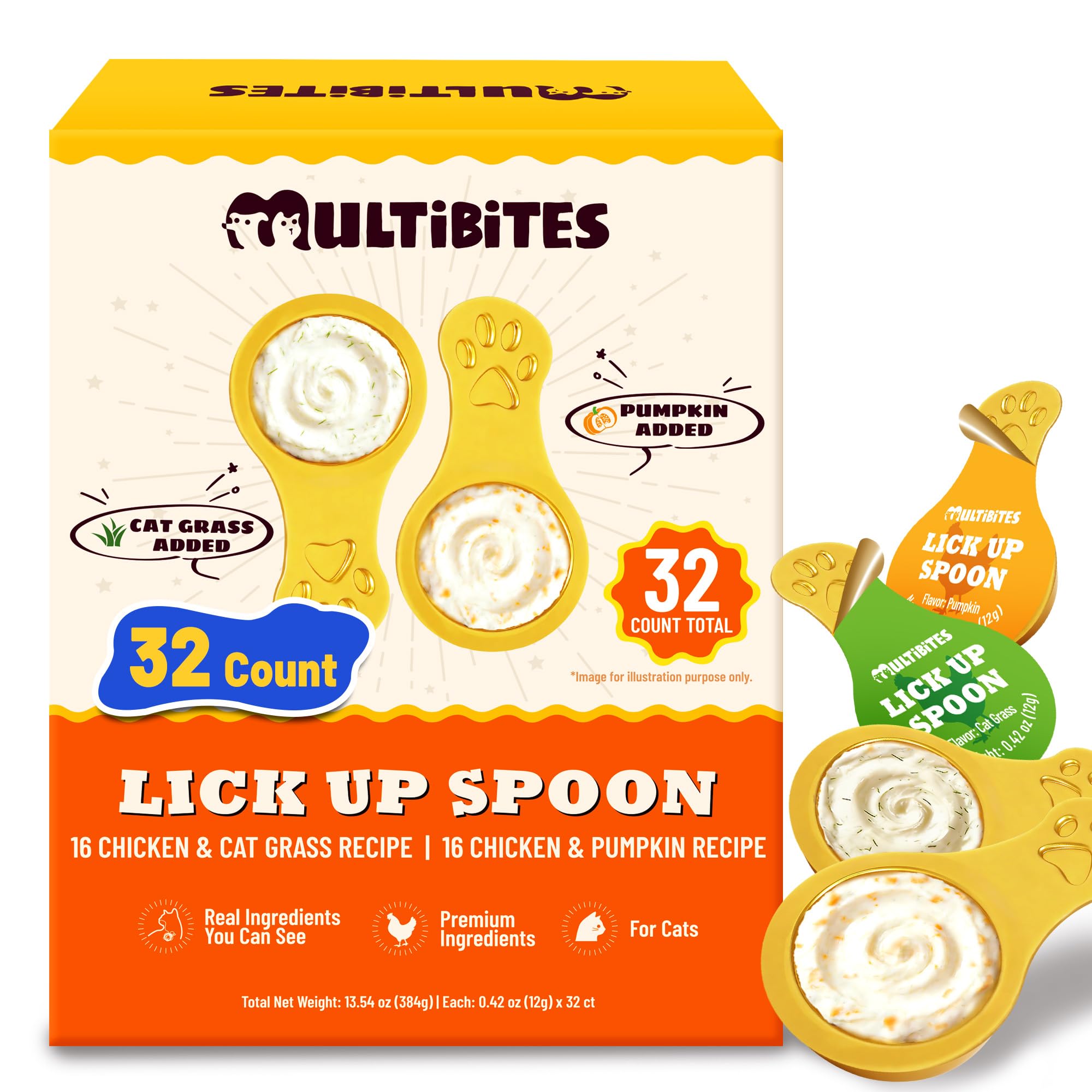 Lickable Cat Treats with Lick-Up Spoons, Healthy Wet Cat Snacks for Digestive Support, Grain-Free Kitten Treats with Taurine & Vitamins, Cat Grass & Pumpkin Variety Pack (32 Spoons)