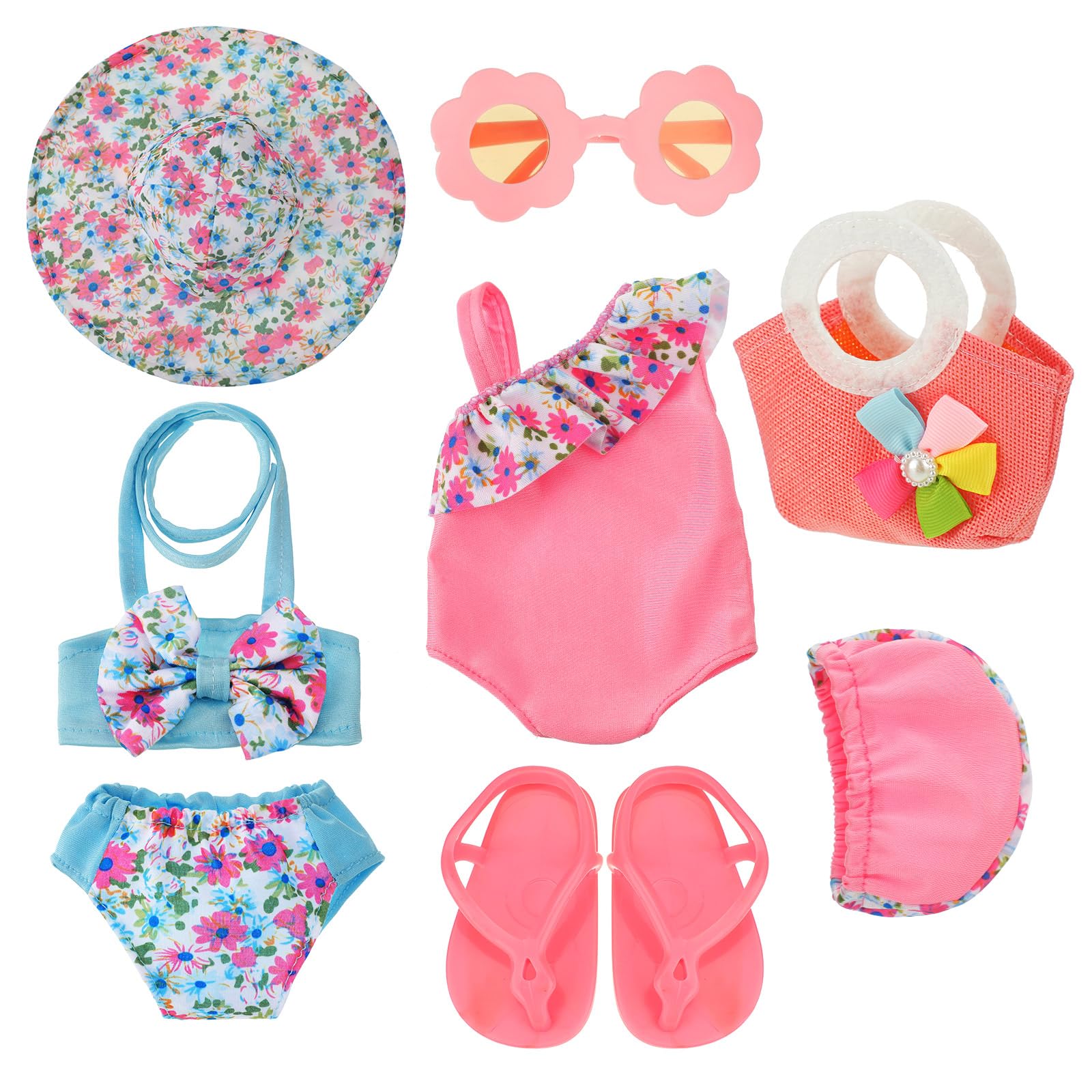 Kajaia 8 Pcs 18 Inch Doll Clothes and Accessories Summer Dolls Swimsuits Beach Playsets Include Doll Swimsuit Bikini Dress Flip Flops Hat Sunglasses Handbag Swim Accessories for 18 Inch Girl Dolls