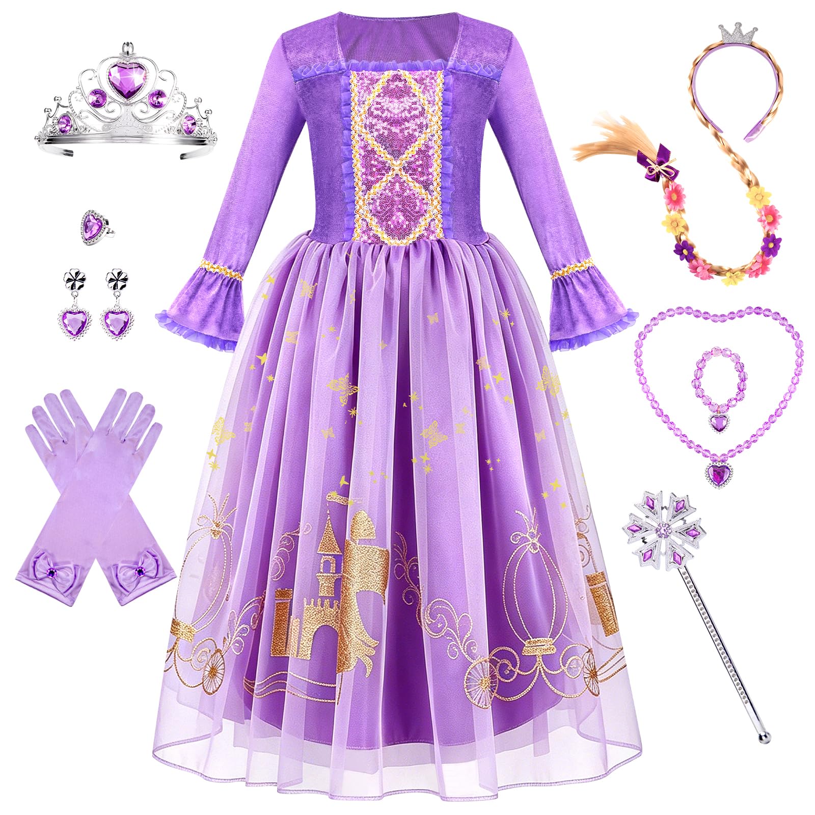 Meland Princess Dress Up Clothes for Girls 3-10, Purple Pretend Play Costume with Jewelry for Birthday Halloween Party Outfit
