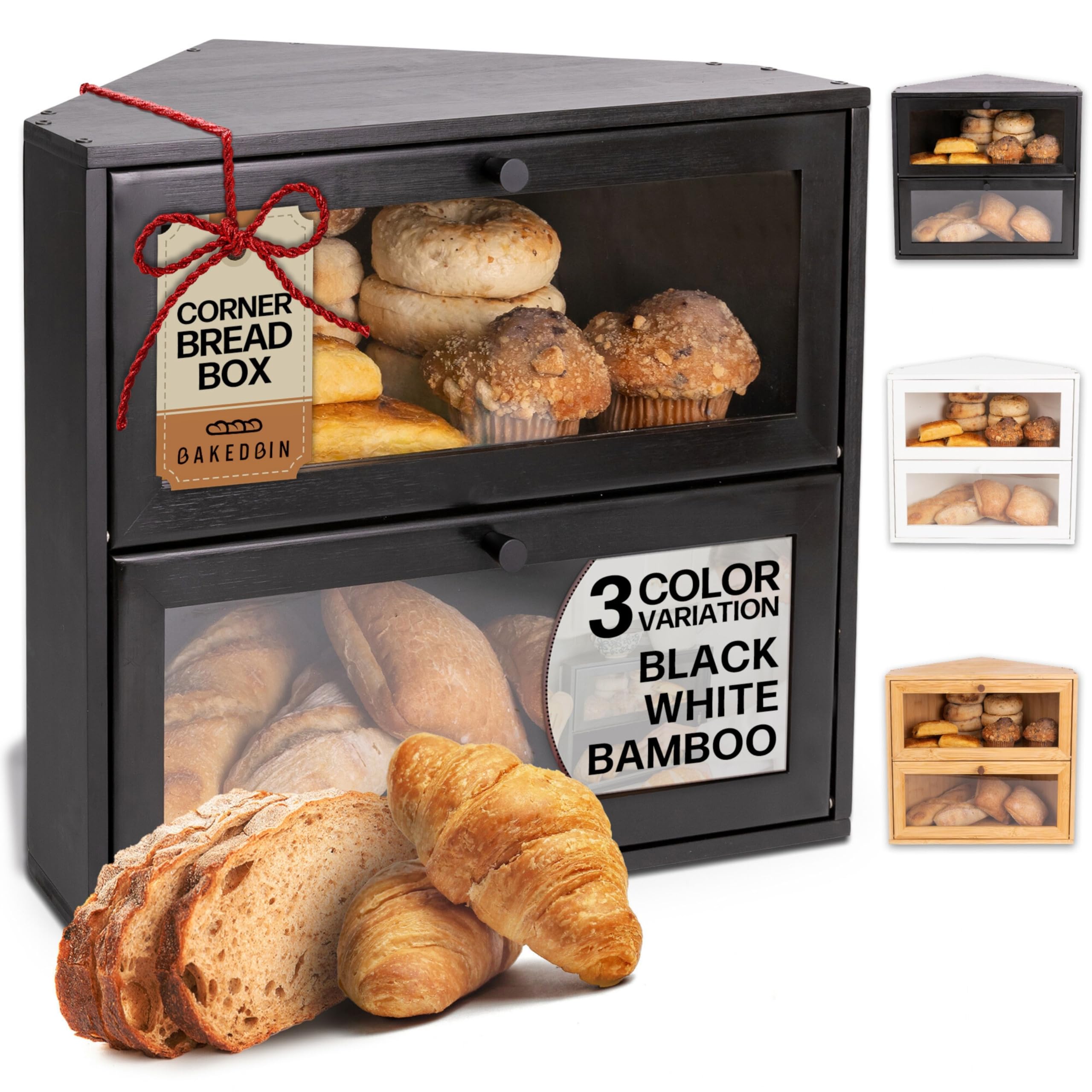 Corner Bread Box for Kitchen Countertop - New 2026 Airtight Design - Extra Large, Double Layer Black BreadBox, Vintage Storage for Homemade Bread, Under Cabinet Organizer