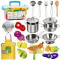 Sundaymot Play Kitchen Accessories, Wooden Play Food, Cooking Set with Stainless Steel Cookware Pots and Pans Utensils, Apron, Chef Hat, ?Cutting Food Kitchen Playset for Girls and Boys