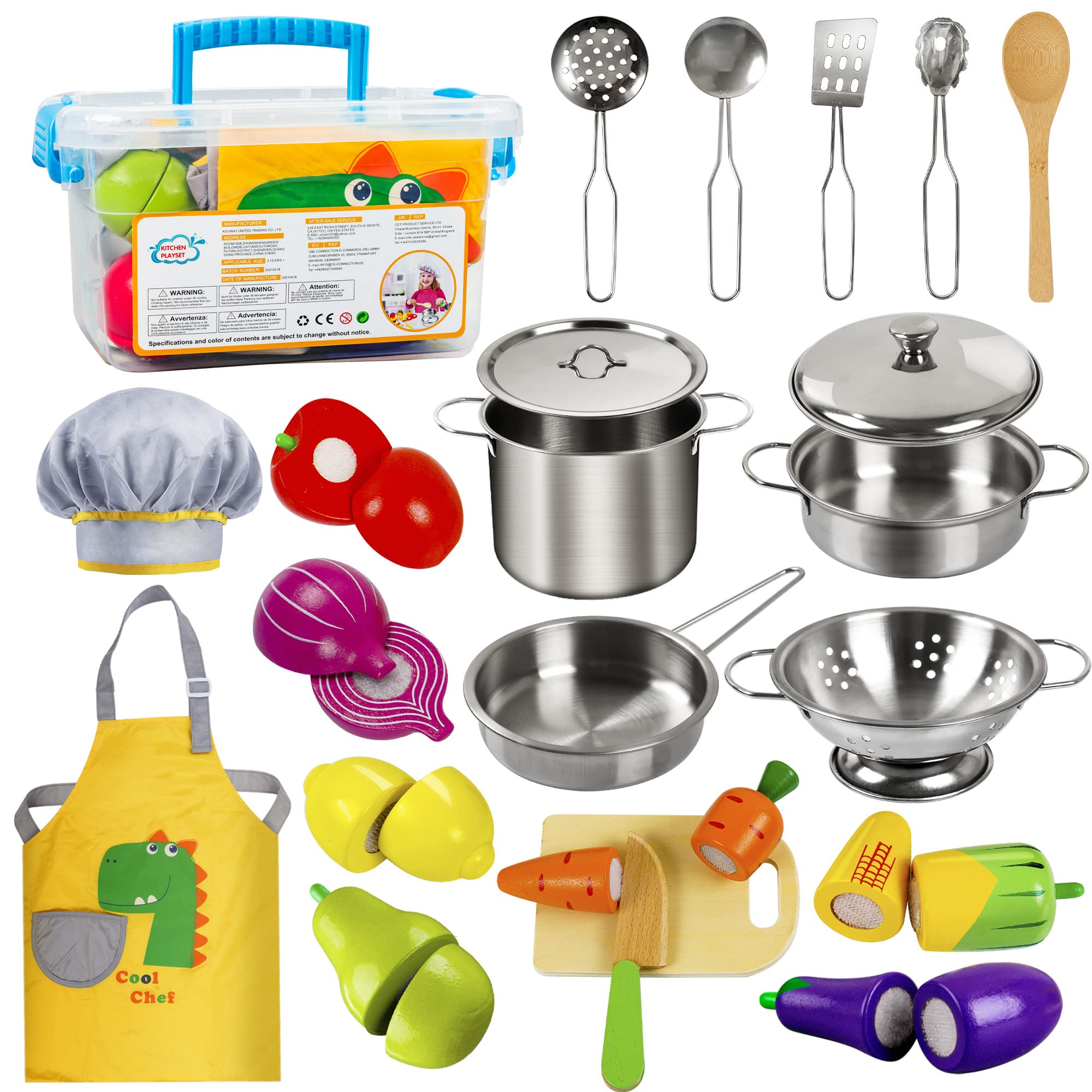 Sundaymot Play Kitchen Accessories, Wooden Play Food, Cooking Set with Stainless Steel Cookware Pots and Pans Utensils, Apron, Chef Hat, ?Cutting Food Kitchen Playset for Girls and Boys