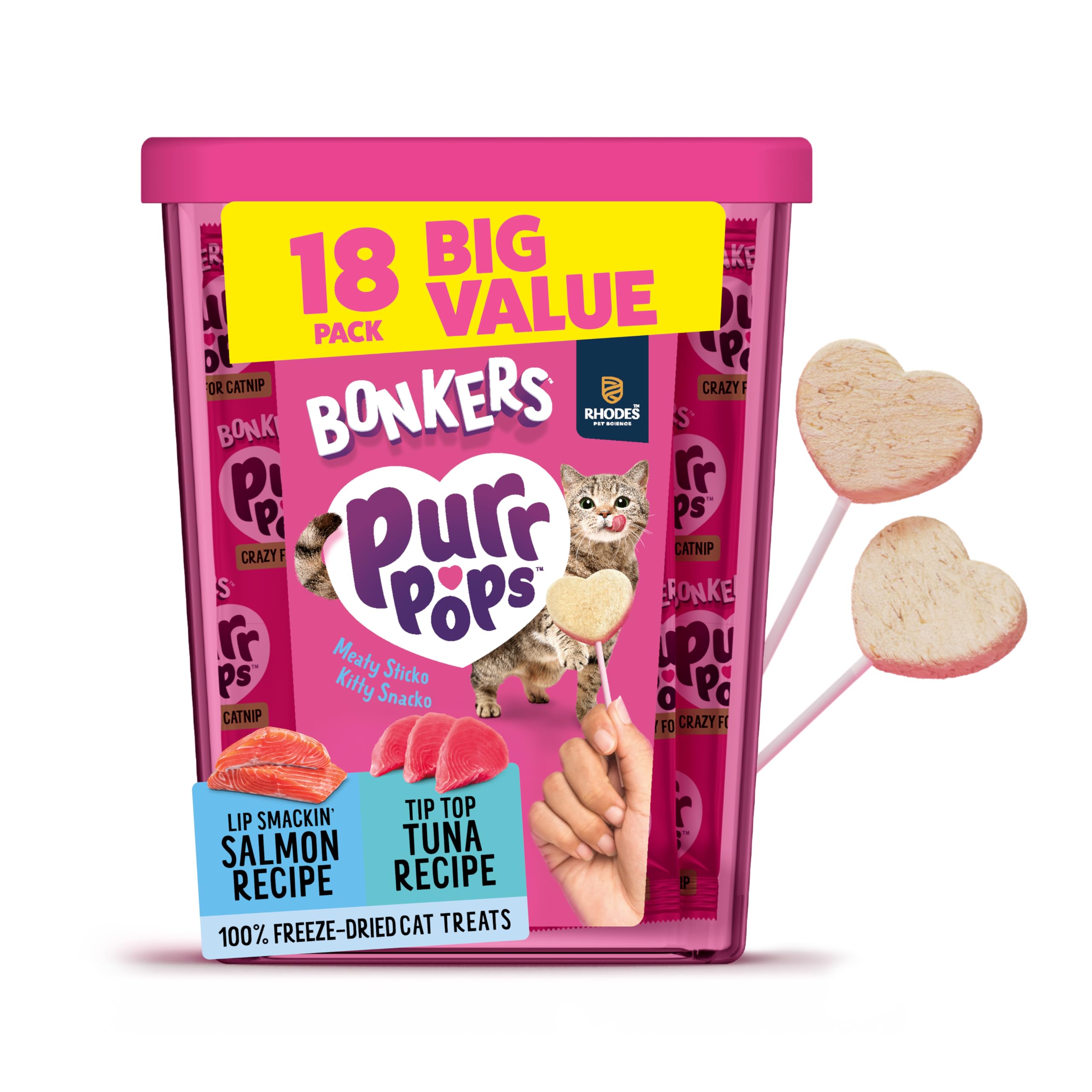 Bonkers Purrpops Freeze Dried Tuna & Salmon Flavor Lollipop Cat Treats, Healthy Real Meat Treats, Training Treats or Food Topper, for All Breeds and Ages, Value Pack (18 Pieces)