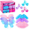 Princess Dresses with Fairy Wings, Dress Up Clothes Pretend Play Costumes Trunk with 3 Sets of Princess Dress Up Shoes, Glitter Girls Tutu Skirts and Butterfly Wings, Toys for 3-6 yr Girls