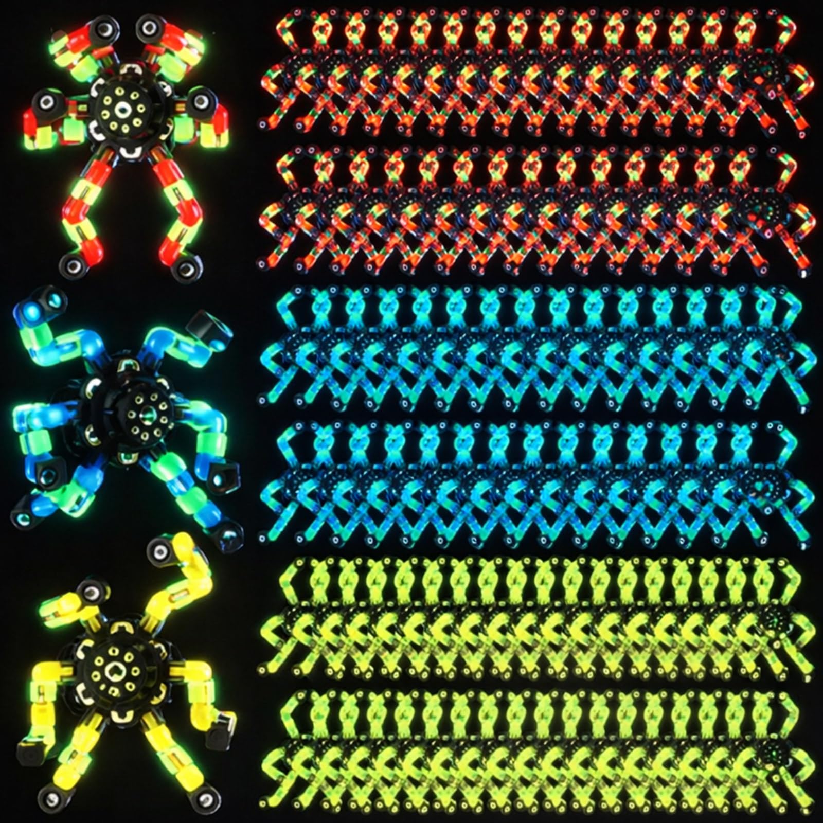 Junkin 100 Pcs Funny Sensory Fidget Toys Bulk, Transformable Fidget Spinner Chain Robot Finger Toy, Stress Relief Spiral Gyro Spinner, Classroom Prizes, Party Favors Gifts for Adult Kids(Glow)