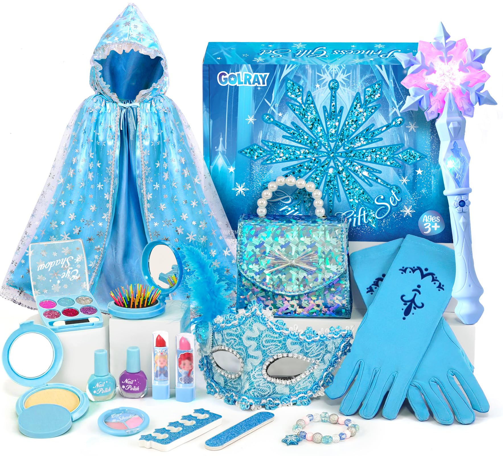 Golray Toys for Girl Gift Kids Makeup Kit Winter Princess Dress Up Set, Purse & Ice Cape & Real Make up & Nail Polish & Snow Wand, Birthday Gift Toys for Little Girls Toddlers Age 3 4 5 6 7 8 Year Old