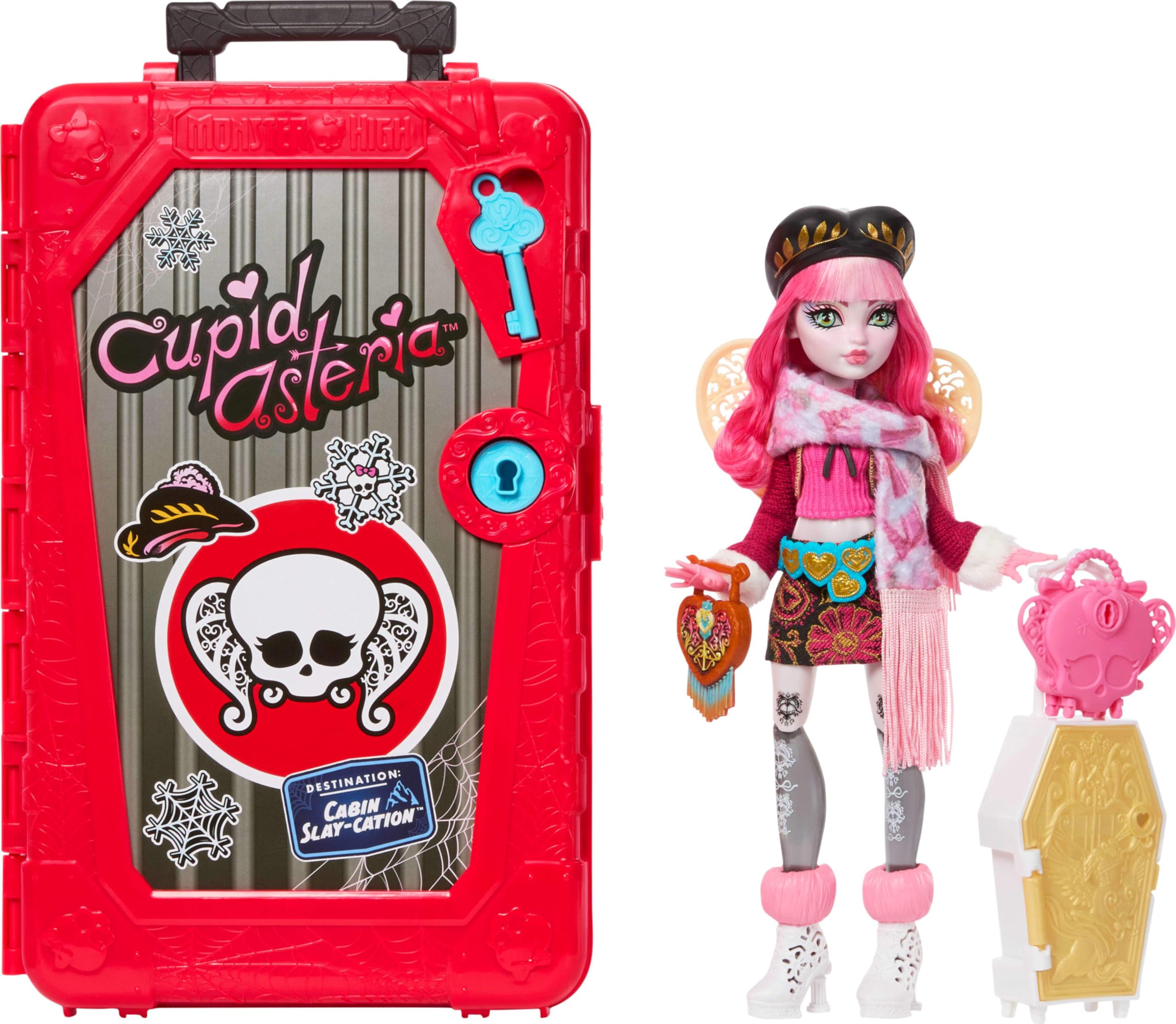 Monster High Skulltimate Secrets Cupid Asteria Doll and Accessories Set, Destination: Cabin Slay-Cation with Suitcase and 19+ Surprises Like Clothes