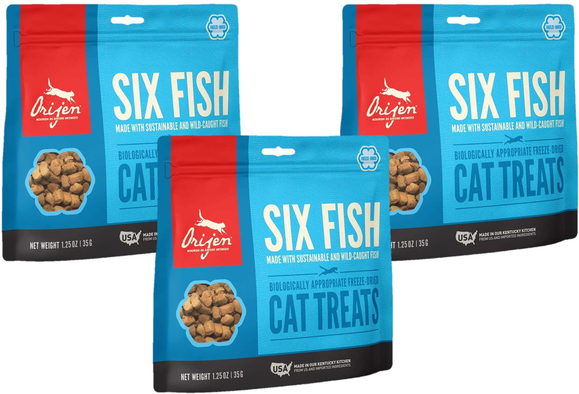 ORIJEN 3 Pack of Six Fish Freeze-Dried Cat Treats, 1.25 Ounces Each, Made in The USA