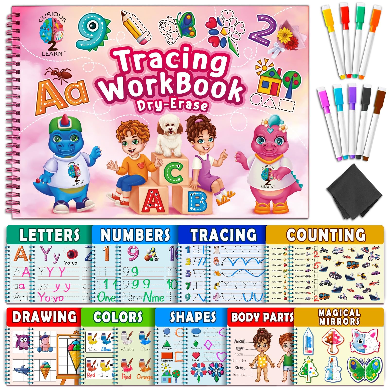 Curious 2 Learn Hardcover Preschool Activity Workbook for Kids Ages 3–5 – 32 Montessori Learning Activities with 9 Markers – ABC, Numbers, Colors & Shapes – Educational Gift for Boys & Girls