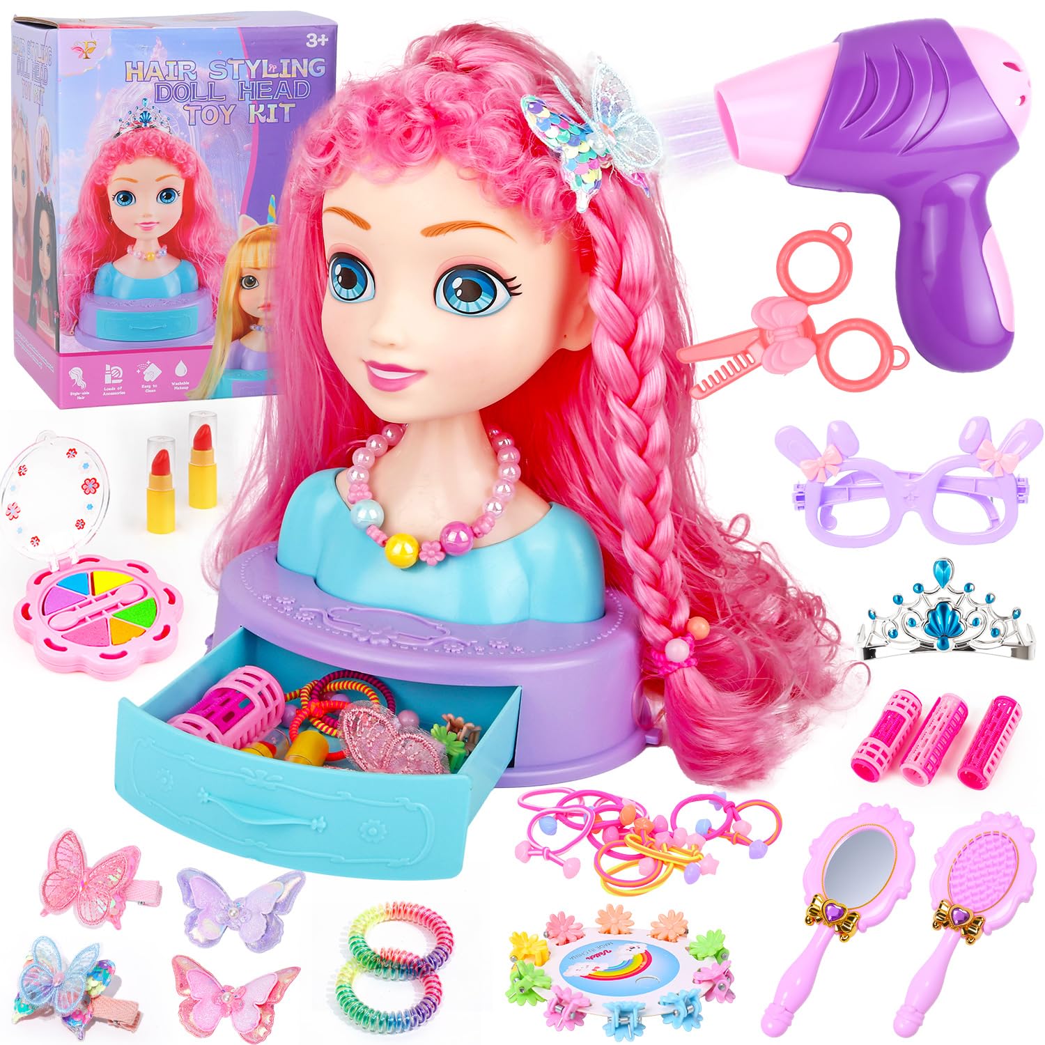 4-in-1 Doll Head for Hair Styling Kids-9Inch,41pcs Hair Salon Toys Makeup Kit Princess Accessories Pretend Play Toys Birthday Gifts for 3-8 Year Old Girls
