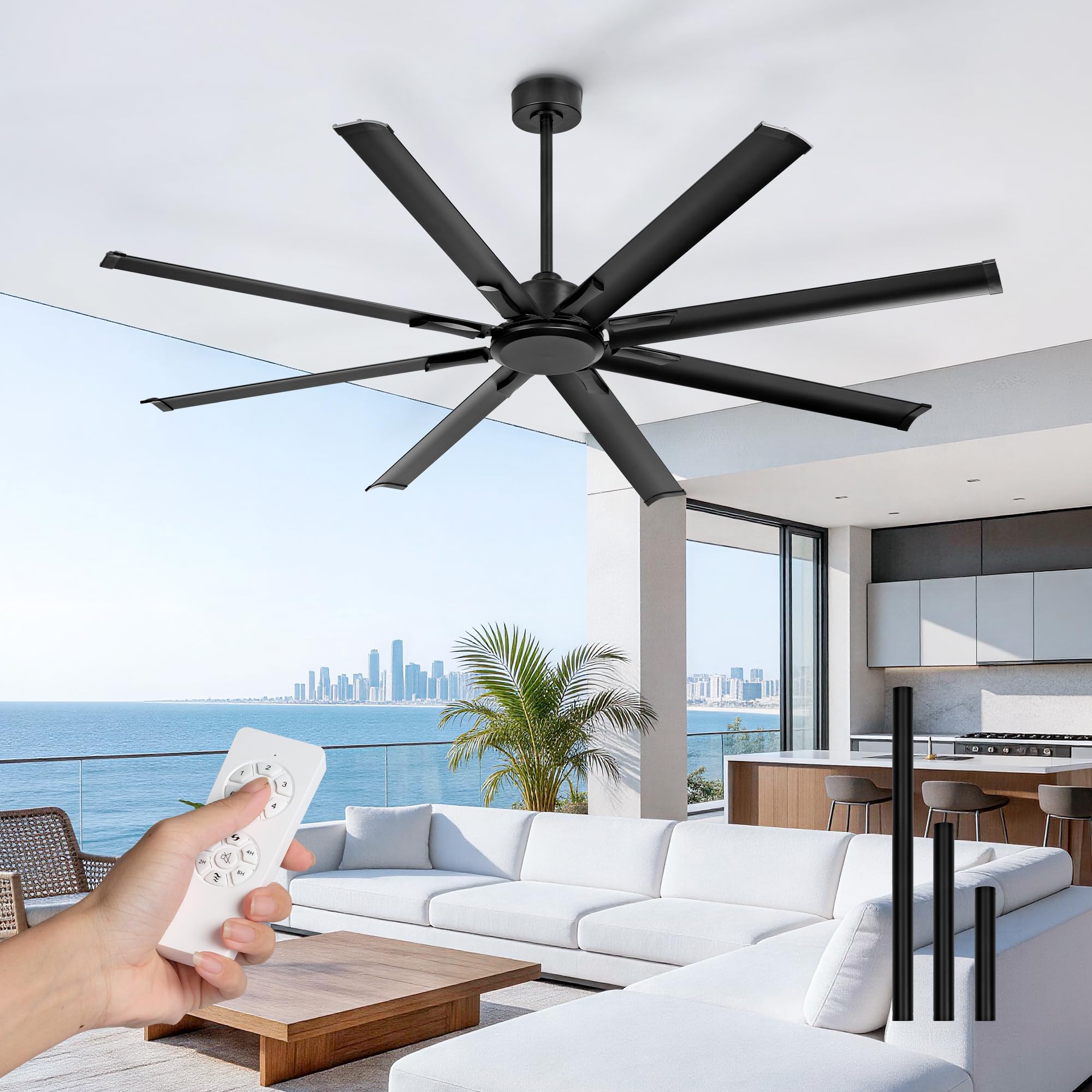 72 Inch Industrial Ceiling Fan Without Light, Matte Black Outdoor Model for Covered Areas, 8 Aluminum Blades, Powerful Airflow, Modern No-Light Design, CF04NBK-72