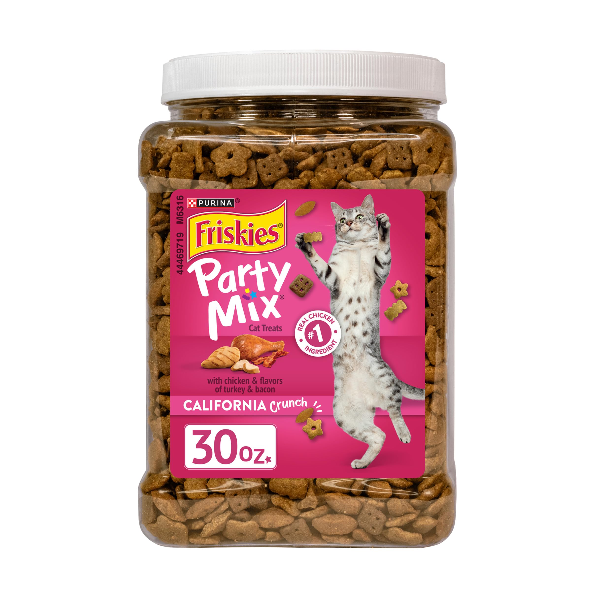 Purina Friskies Party Mix California Crunch?with?Chicken and Flavors of Turkey and Bacon?Cat Treats - 30 oz Canister