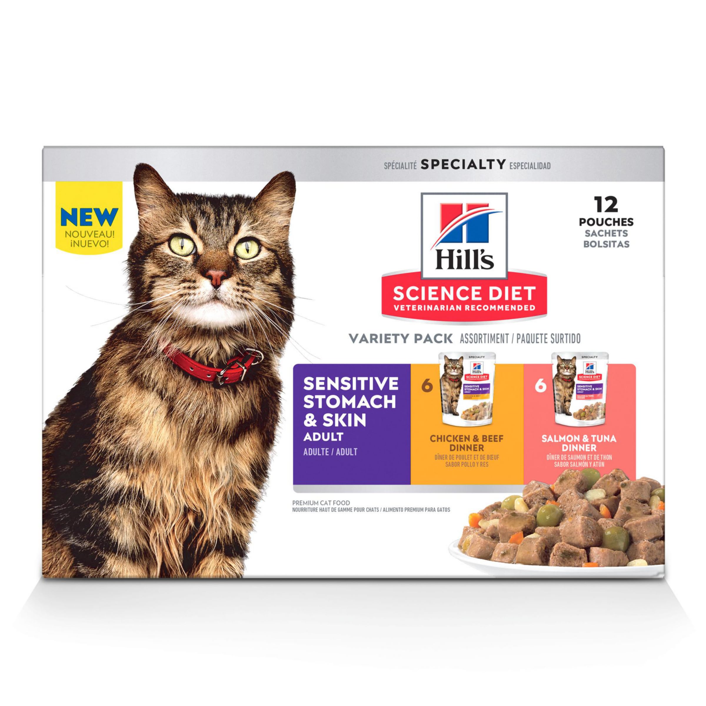 Hill's Science Diet Adult Sensitive Stomach & Skin Wet Cat Food Variety Pack, Chicken & Beef, Salmon & Tuna, 2.8 oz. Pouches, 12-Pack