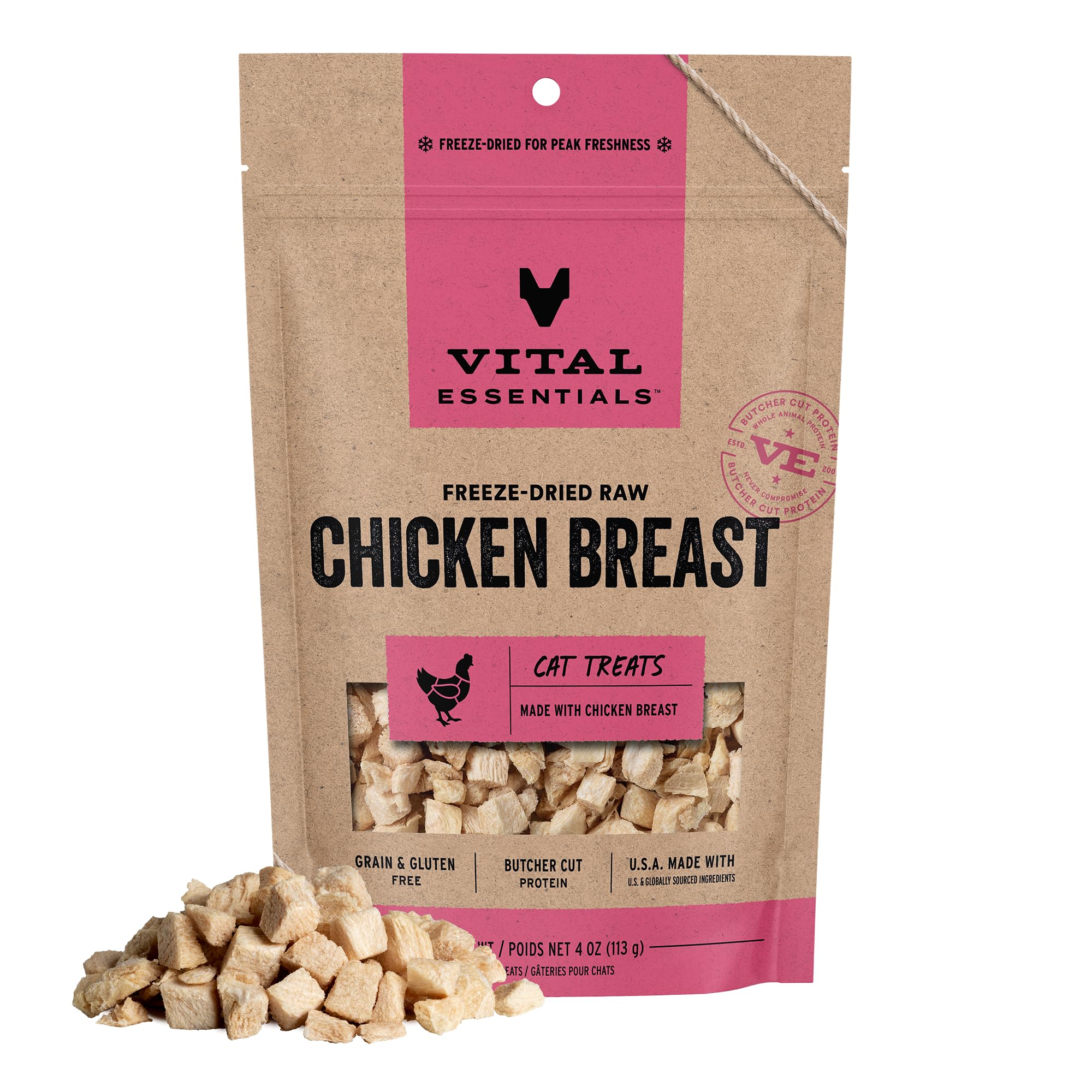 Vital Essentials Freeze Dried Cat Treats | Chicken Breast, Single Ingredient | Premium Quality | Grain Free, Healthy Treats for Cats, 4 oz Bag
