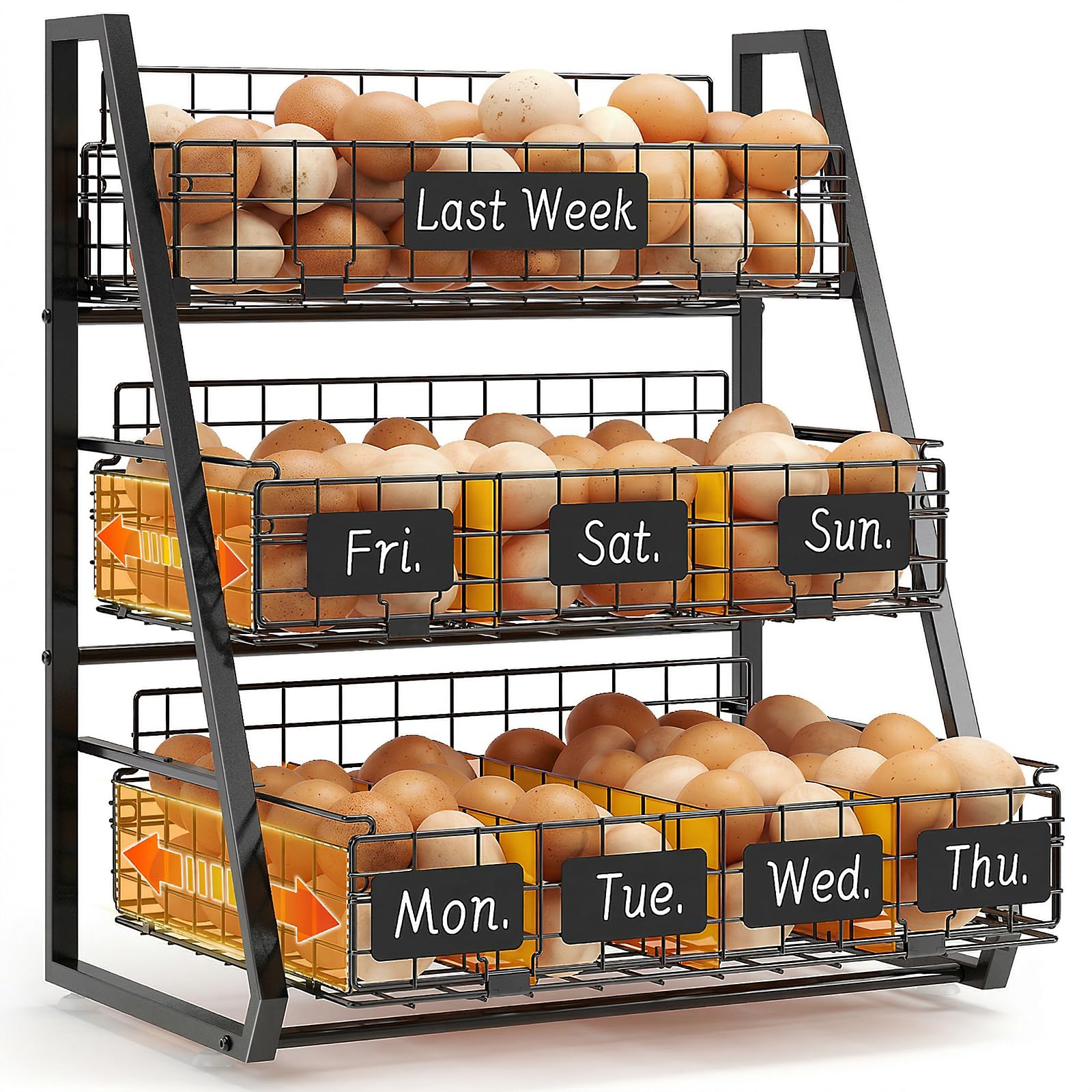 Egg Holder Countertop with 3 Tier Pull-Out Wire Baskets & Sturdy Frame, Egg Basket with 5 Adjustable Dividers & Date Tags for Gathering Fresh Eggs, Chicken Coop Accessories, Black