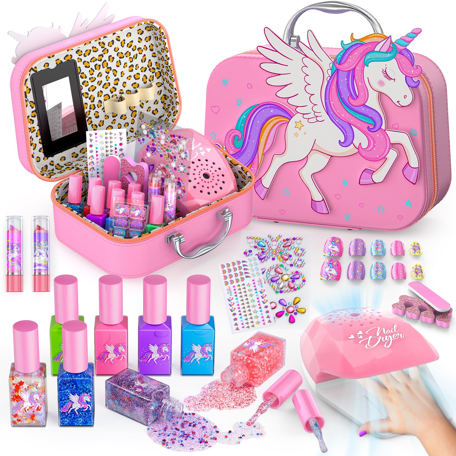 Kids Nail Polish Set for Girls Toys, Washable Quick-Dry Toddler Nail Art Kit with Air Cooling Dryer and Cosmetic Case, Christmas or Birthday Gifts for Girls Ages 3 4 5 6 7 9 10 11 12-Pink