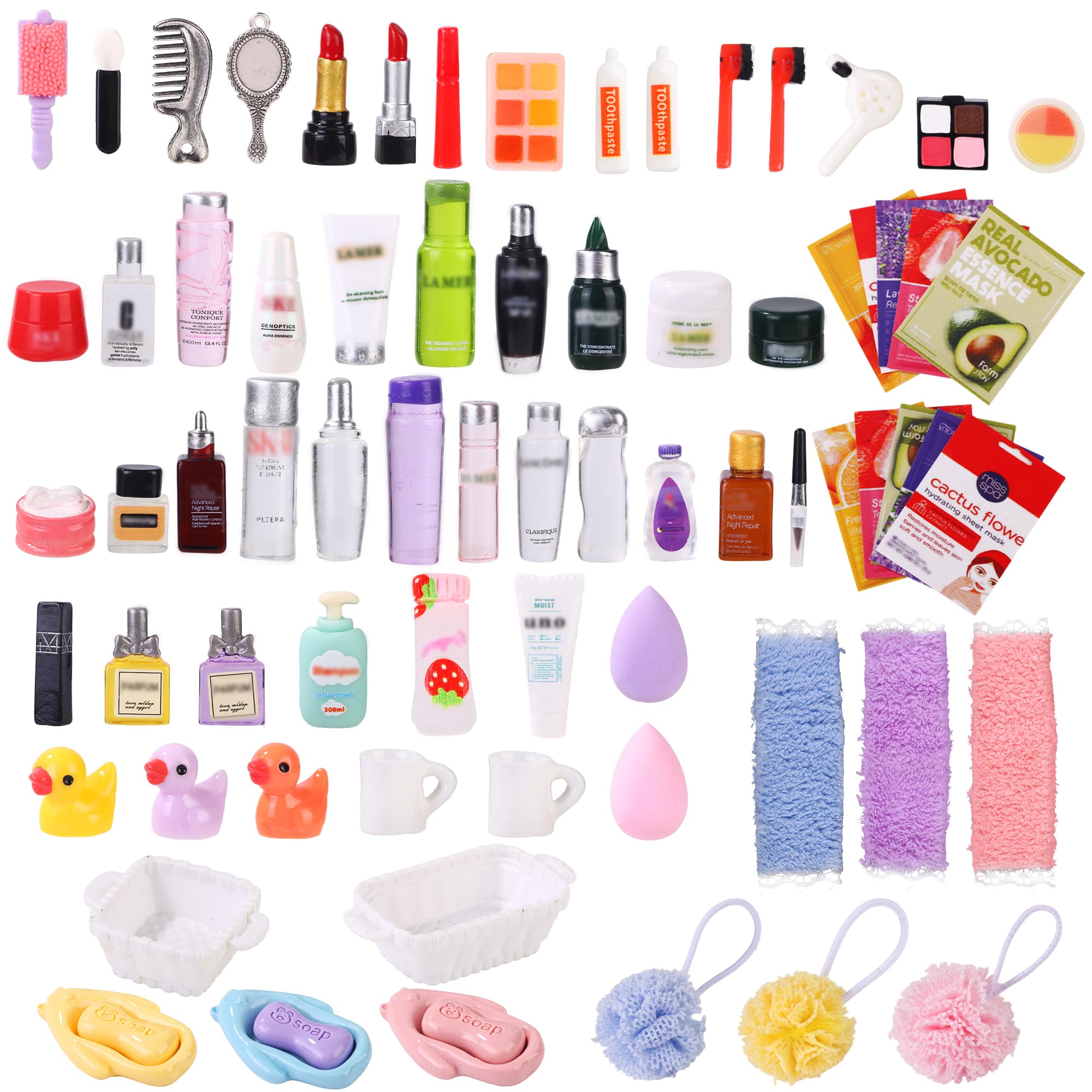 DIYDEC 75Pcs Dollhouse Mini Jewelry Storage Case Miniature Bathroom Accessories Figurines with Makeup Set Towel Cosmetic Toothbrush Shampoo Perfume Hair Dryer Comb Purse Doll Backpack Micro Scene