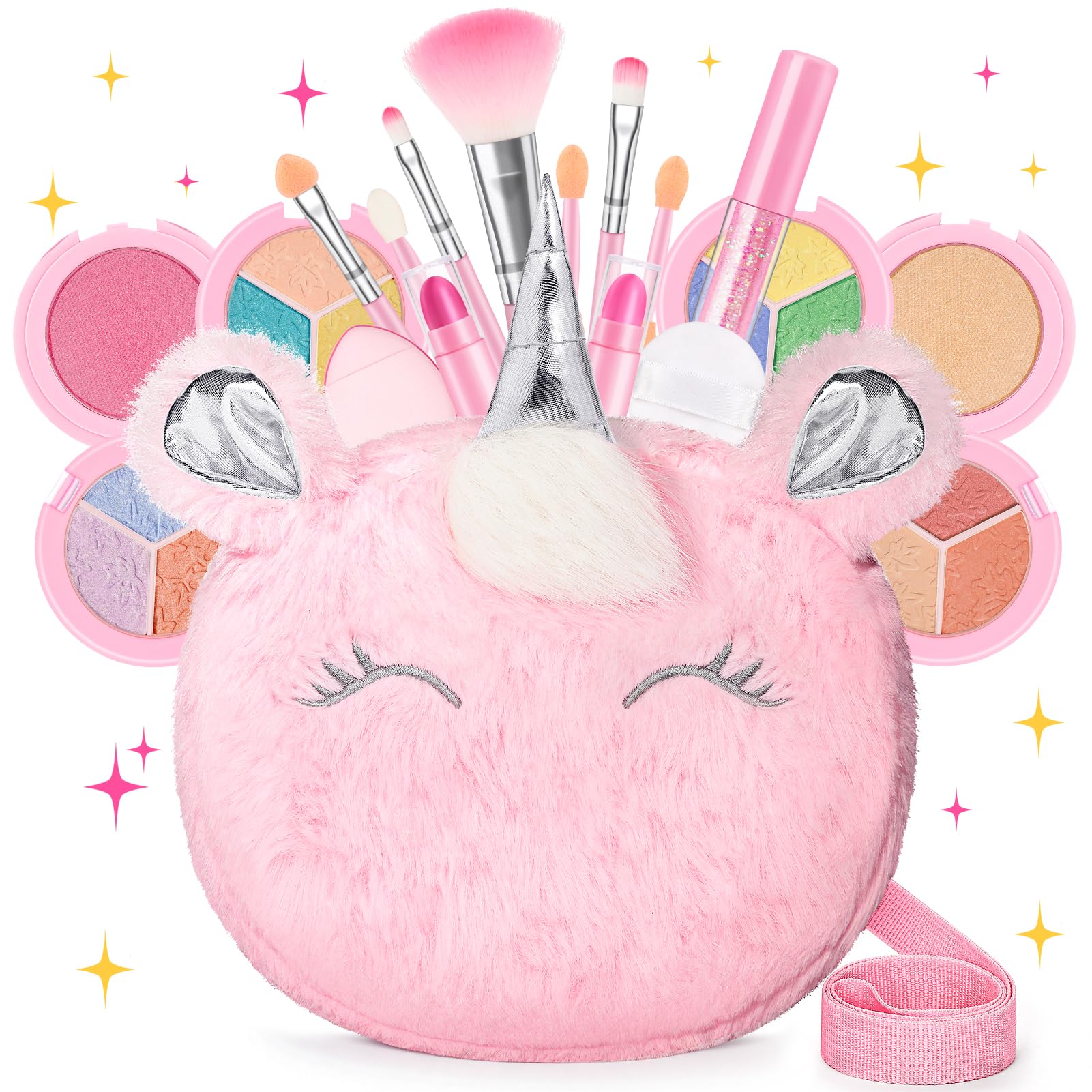 Kids Real Makeup Kit for Girls 3-10 Years Old : Washable Non Toxic Make Up Toys Sets for Toddler - 17Pcs Vanity Set with Fluffy Purse for Little Girl Ages 3 4 5 6 7 8 Birthday Gifts - Unicorn Pink