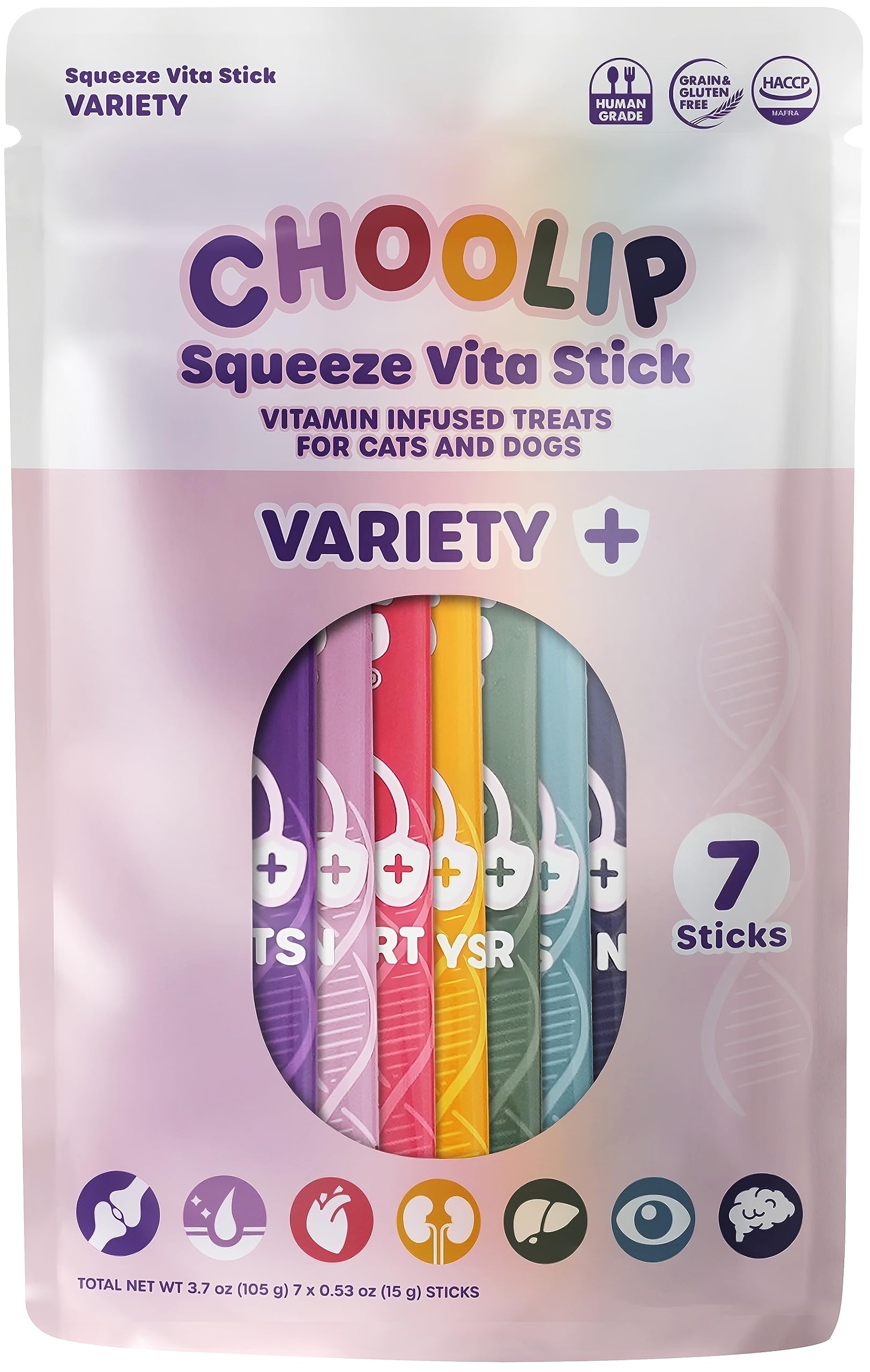 Choolip Squeeze Vita Stick Lickable Cat and Dog Treats - 7-Count Variety Pack - Creamy Puree with Multivitamins for Joints, Skin, Heart, Kidney, Liver, Eyes & Brain - Grain-Free & Vet-Formulated