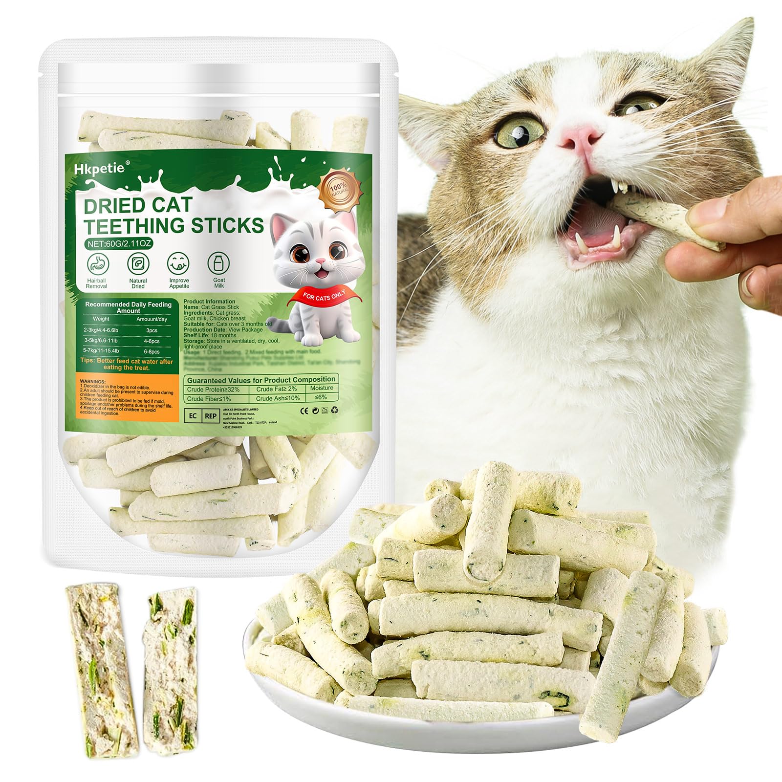 60g Cat Grass Teething Sticks with Goat Milk Favor, Edible Freezed Drying Cat Grass Treats, Cat Snacks for Hairball Removal and Dental Care