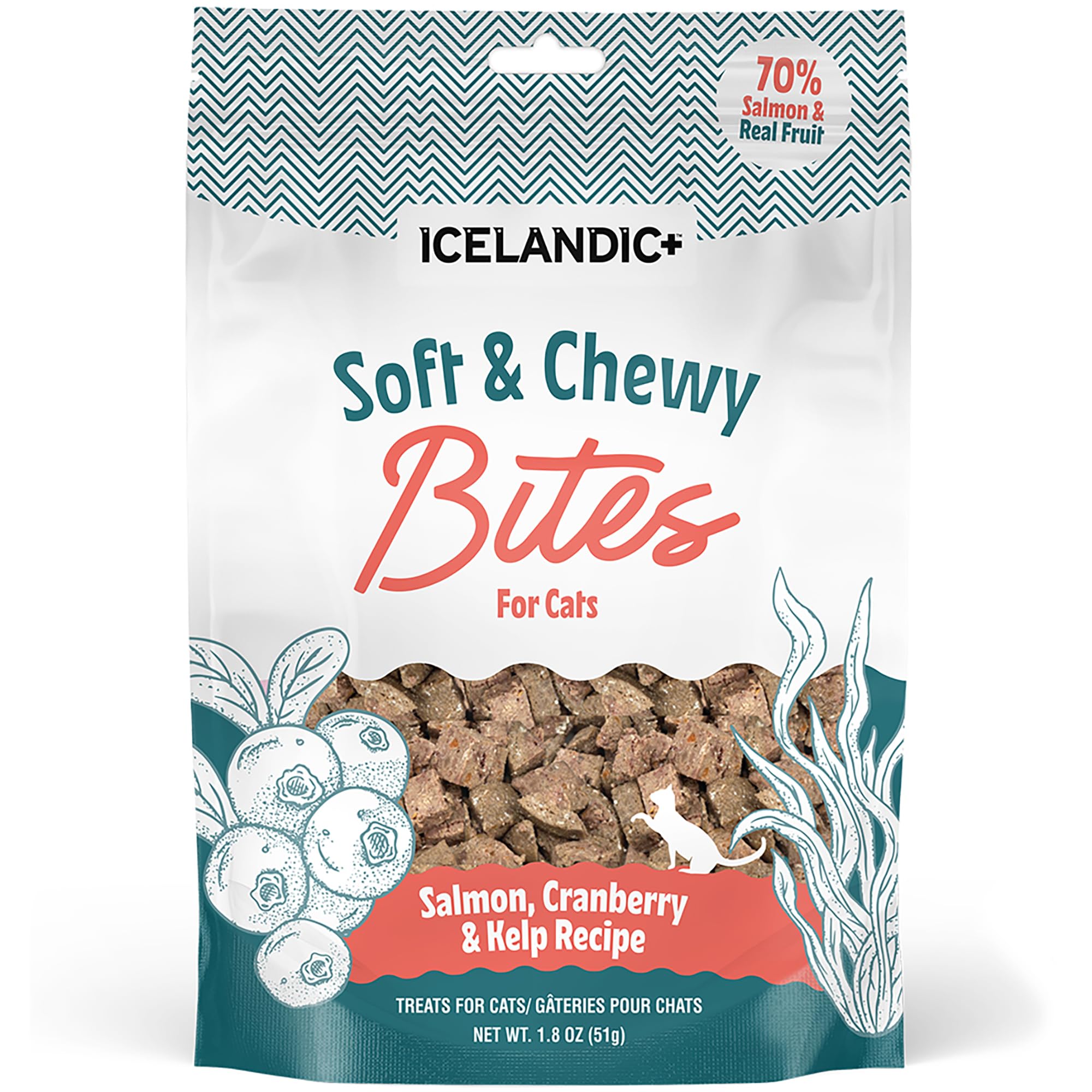 Icelandic+ Soft & Chewy Bites - Salmon, Cranberry & Kelp - 1.8oz Cat Treats, 70% Meat & Fruit, Air-Dried, Limited Ingredients, Pet Snack, Grain Free