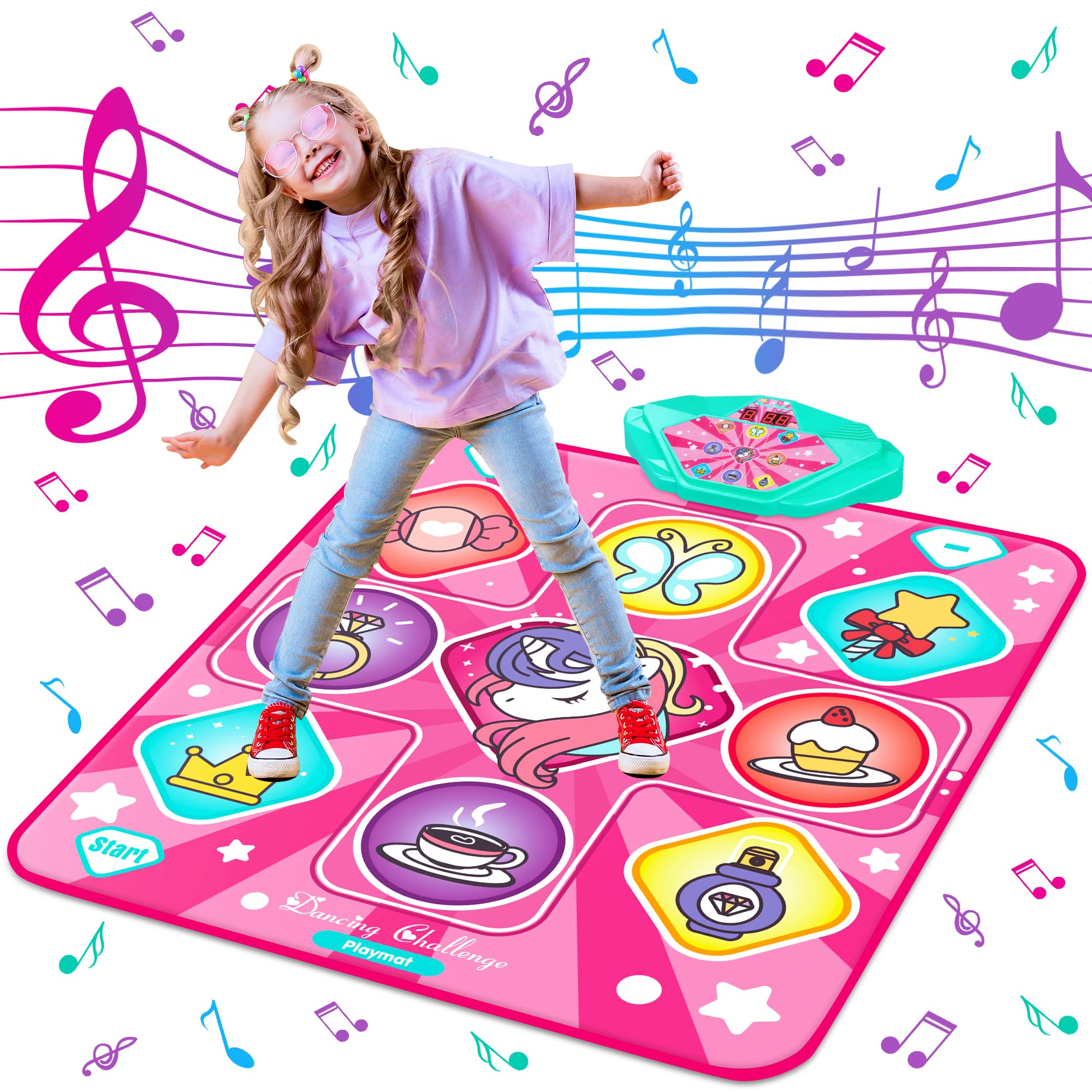 Kusntin Dance Mat, Dance Mixer Rhythm Step Play Mat, Pink Dance Pad with LED Lights, Adjustable Volume, Built-in Music, 5 Game Modes, Xmas Birthday Gifts for 3-10 Years Girls Toys (Multicolor)