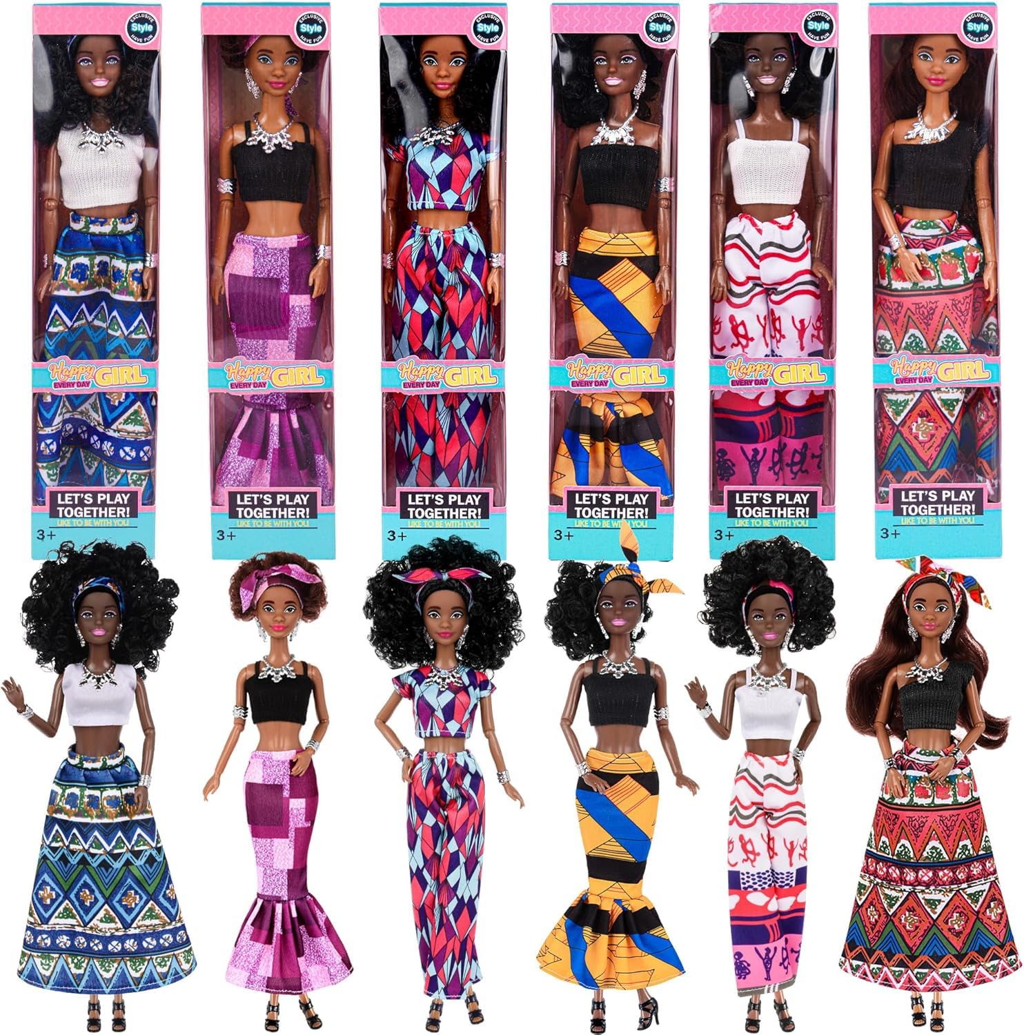 dollbie 6 Pack African American Fashion Dolls Set with Mix & Match Outfits – 11.5" Posable Black Dolls & 5 Accessories Each (Crown, Necklace, Headscarf & More) + Pink Gift Case
